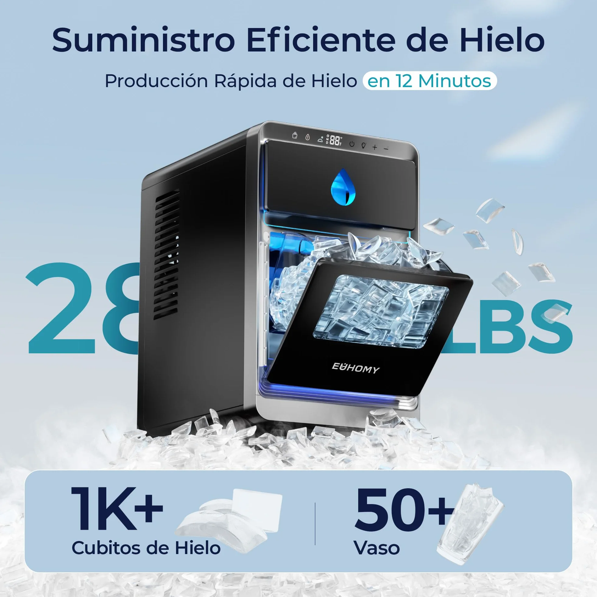 EUHOMY Maquina de Hielo, 1600 Cubos Al Día, Listo en 12 Min, Limpieza Automática, Negra