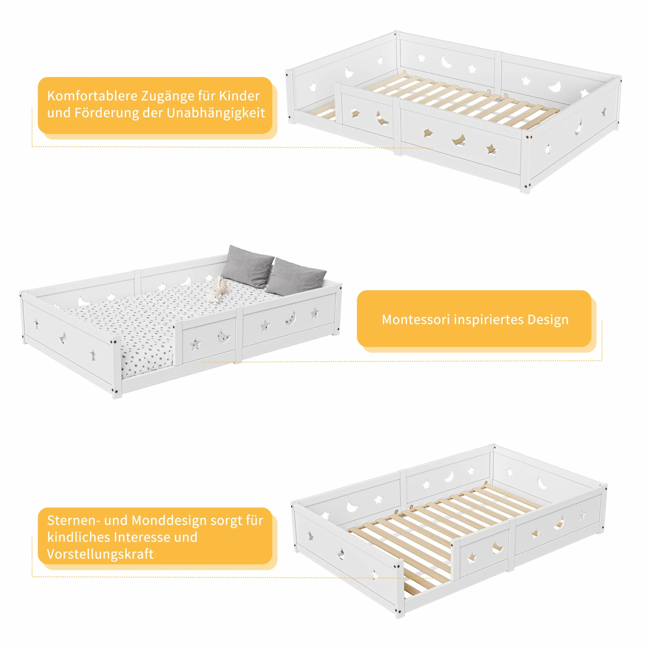 Cama de suelo infantil de 120 x 200, cama Montessori en el suelo de madera maciza con barrera de seguridad y somier de láminas, marco de camas de 1 plaza para niños y niñas, niños y bebés (A
