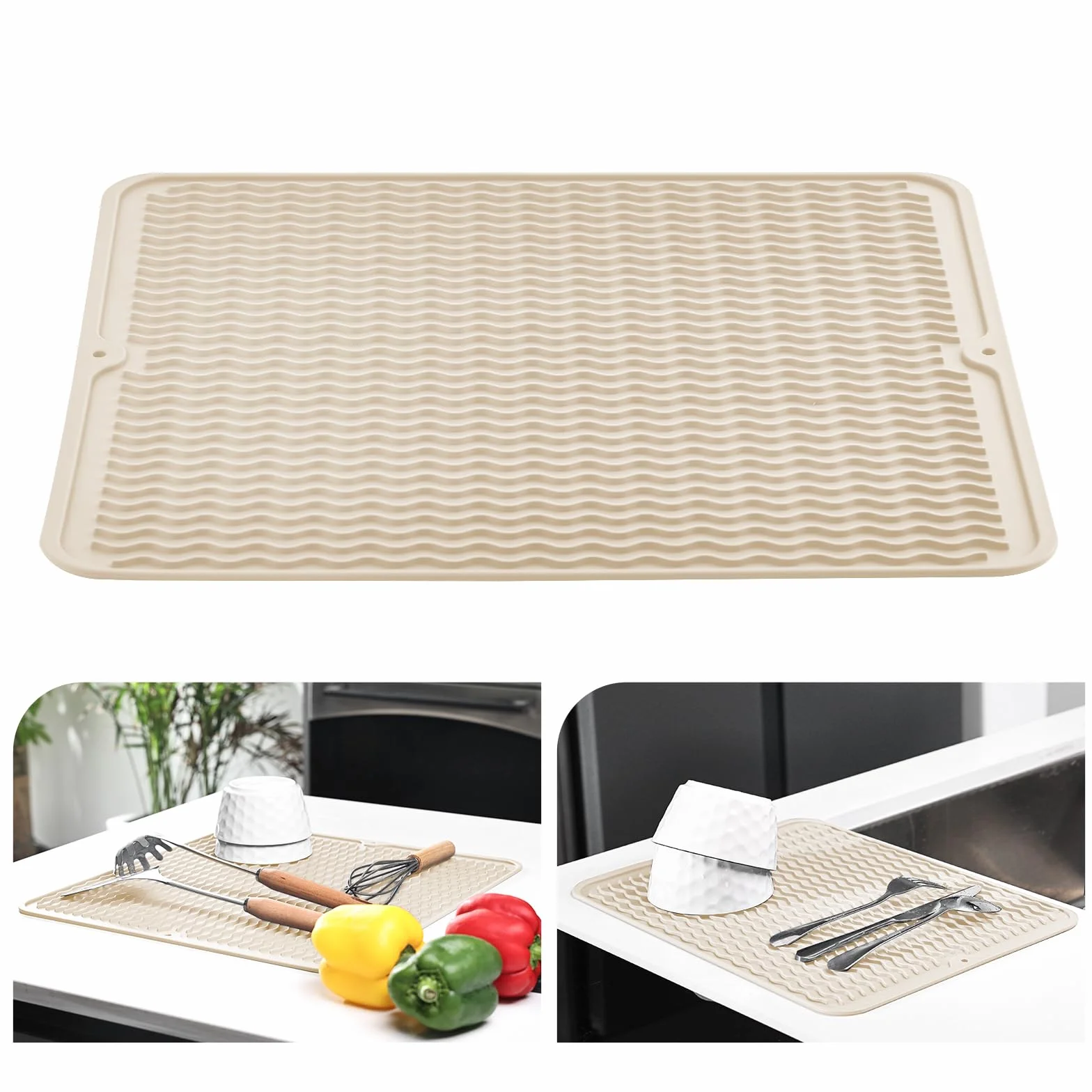 KitchenRaku Alfombrilla Escurreplatos de Silicona (Beige, 40x60cm)