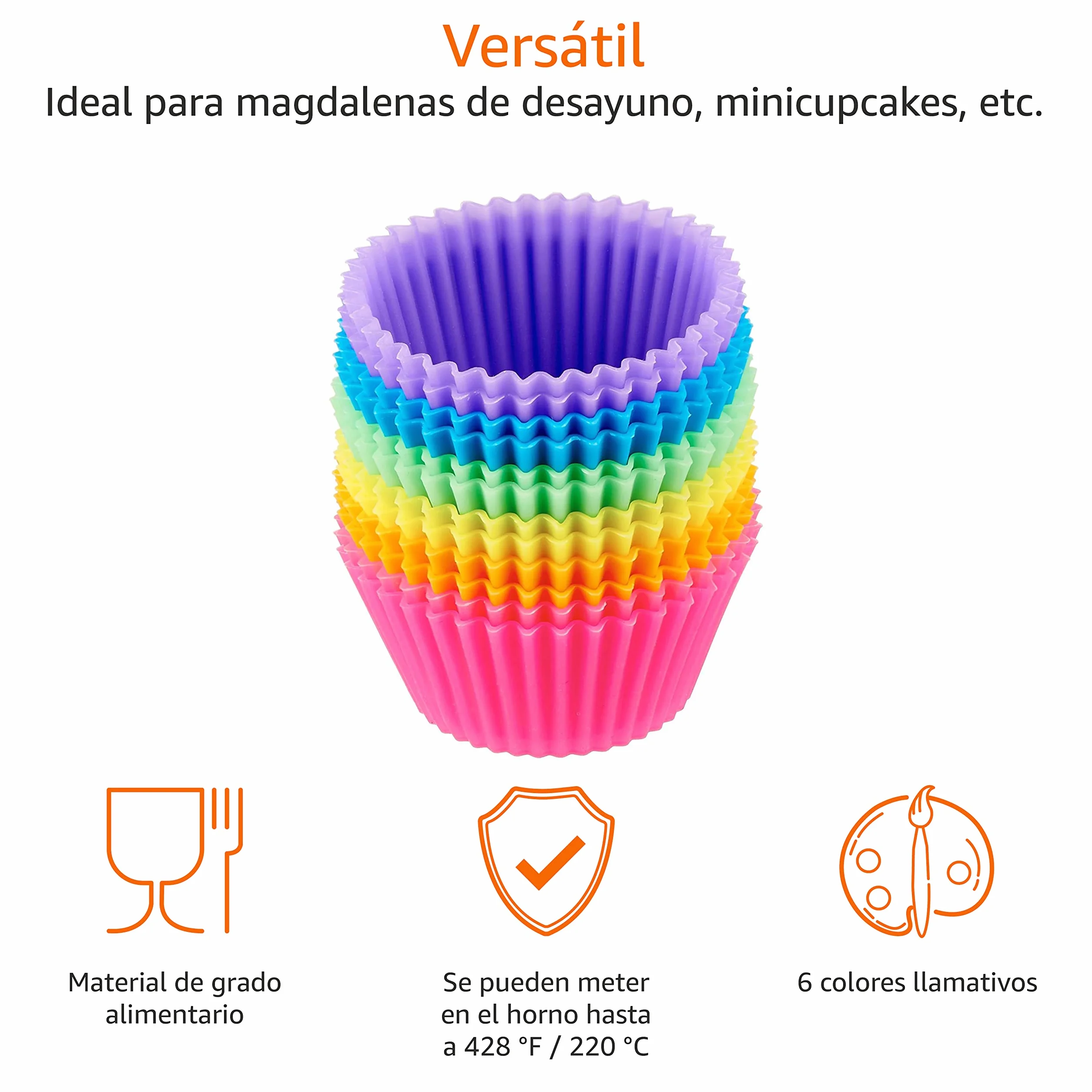 Amazon Basics Moldes Individuales de Silicona para Magdalenas, Reutilizables, Paquete de 12, Horno hasta 220°C, Multicolor