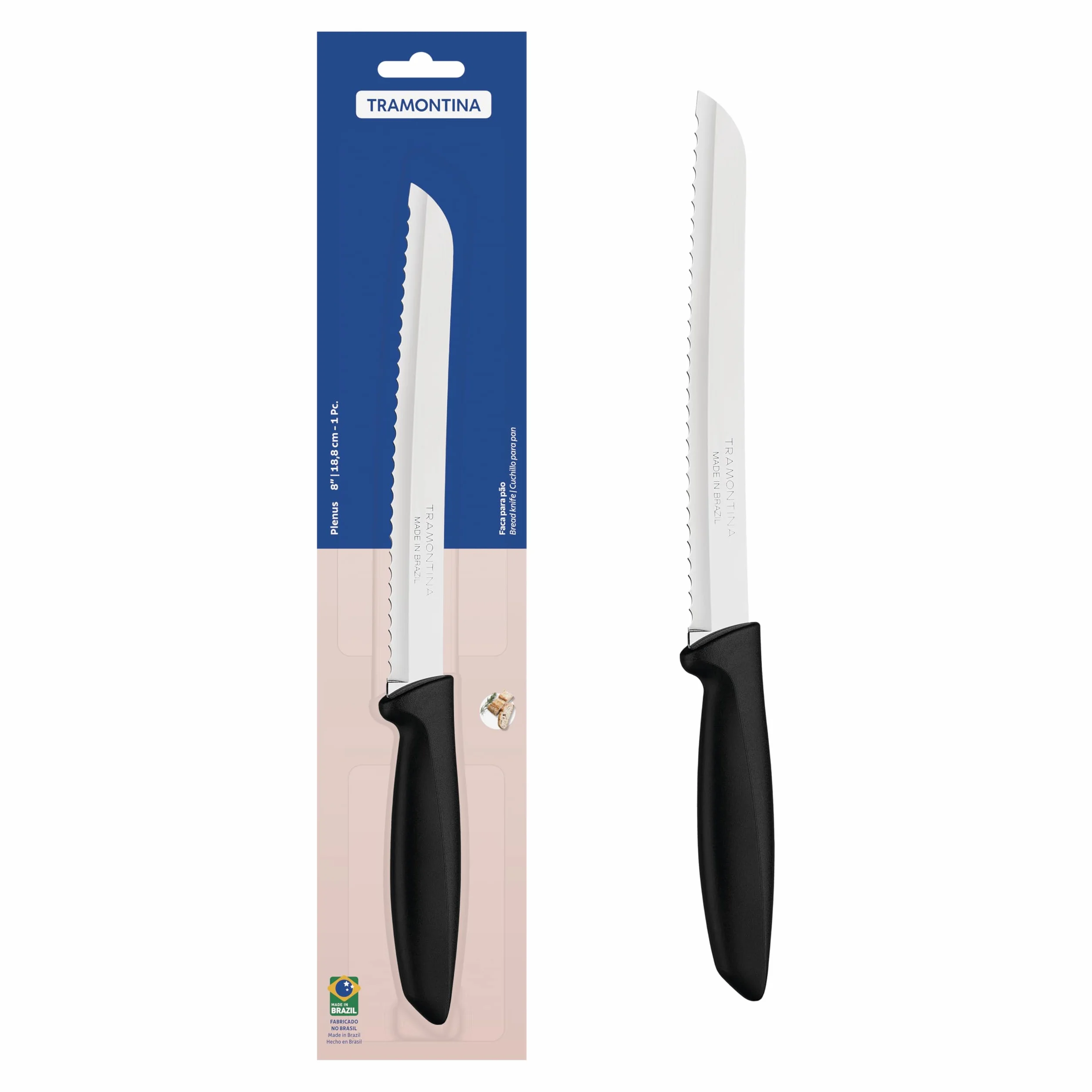 Tramontina Cuchillo para Pan en Acero Inoxidable y Mango de Polipropileno Negro Plenus 20 cm
