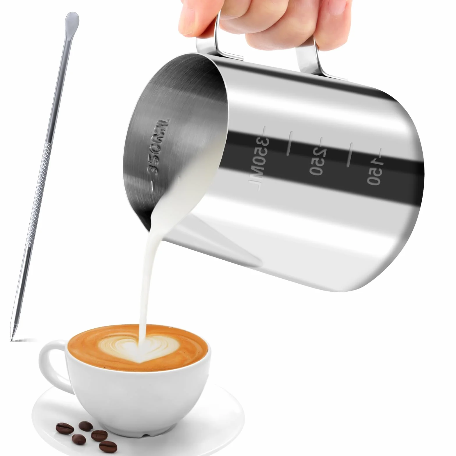 JOPHEK Jarra de Leche Barista 304 Acero Inoxidable Con Medición y Lápiz Decorador Para Espresso, Café y Espuma (350ML)