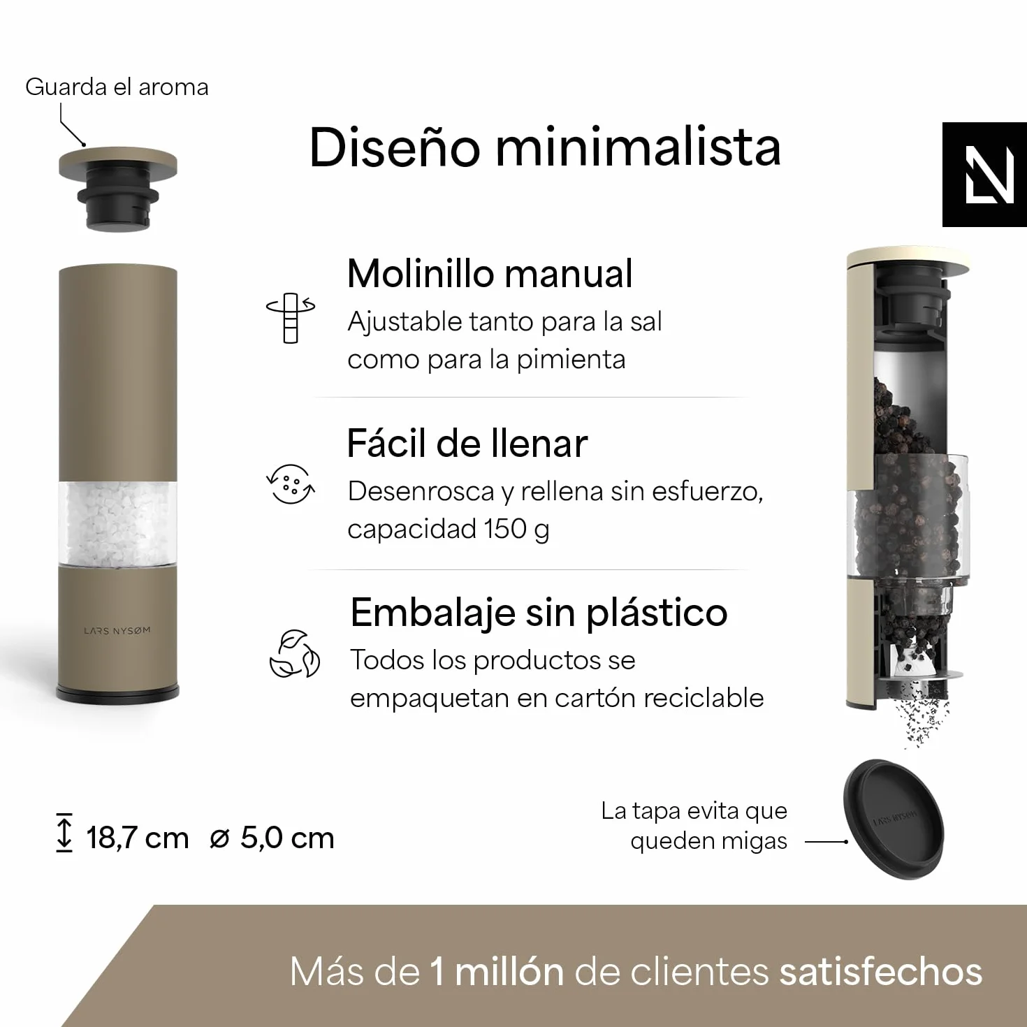 LARS NYSØM Juego de 2 molinillos de sal y pimienta manuales con molinillo de cerámica ajustable de grueso a fino I Juego de molinillos de especias de diseño (Brown/Beige)