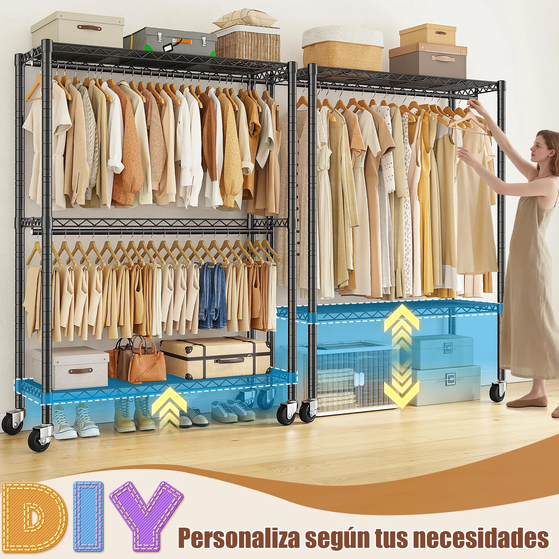 Burro Ropa Resistente con Ruedas 90x40x200cm Doble Barra Colgadora Estante Ajustable Carga Pesada 150 kg