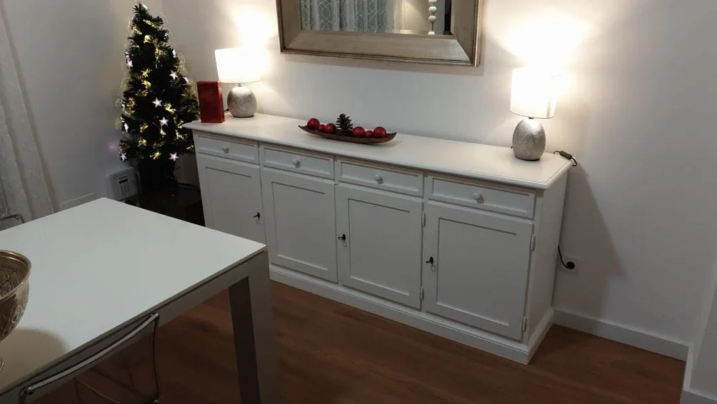 Mar.c.a. Design, Aparador Blanco, Aparador Cocina de Madera con 4 Cajones y 4 Puertas - Mueble TV Salon 205x42x86H - Mueble Salon y Cocina, Mueble TV Blanco para Varios Ambientes y Usos, Made in Italy