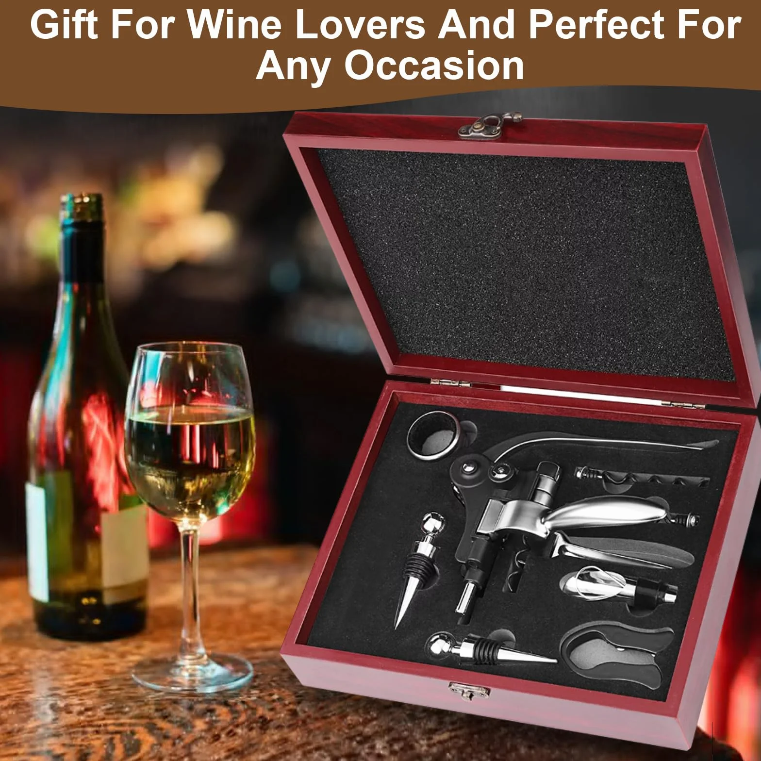Set Sacacorchos Manual 8 Piezas, Juego Abridor Botellas, Caja Madera Regalo Decantador