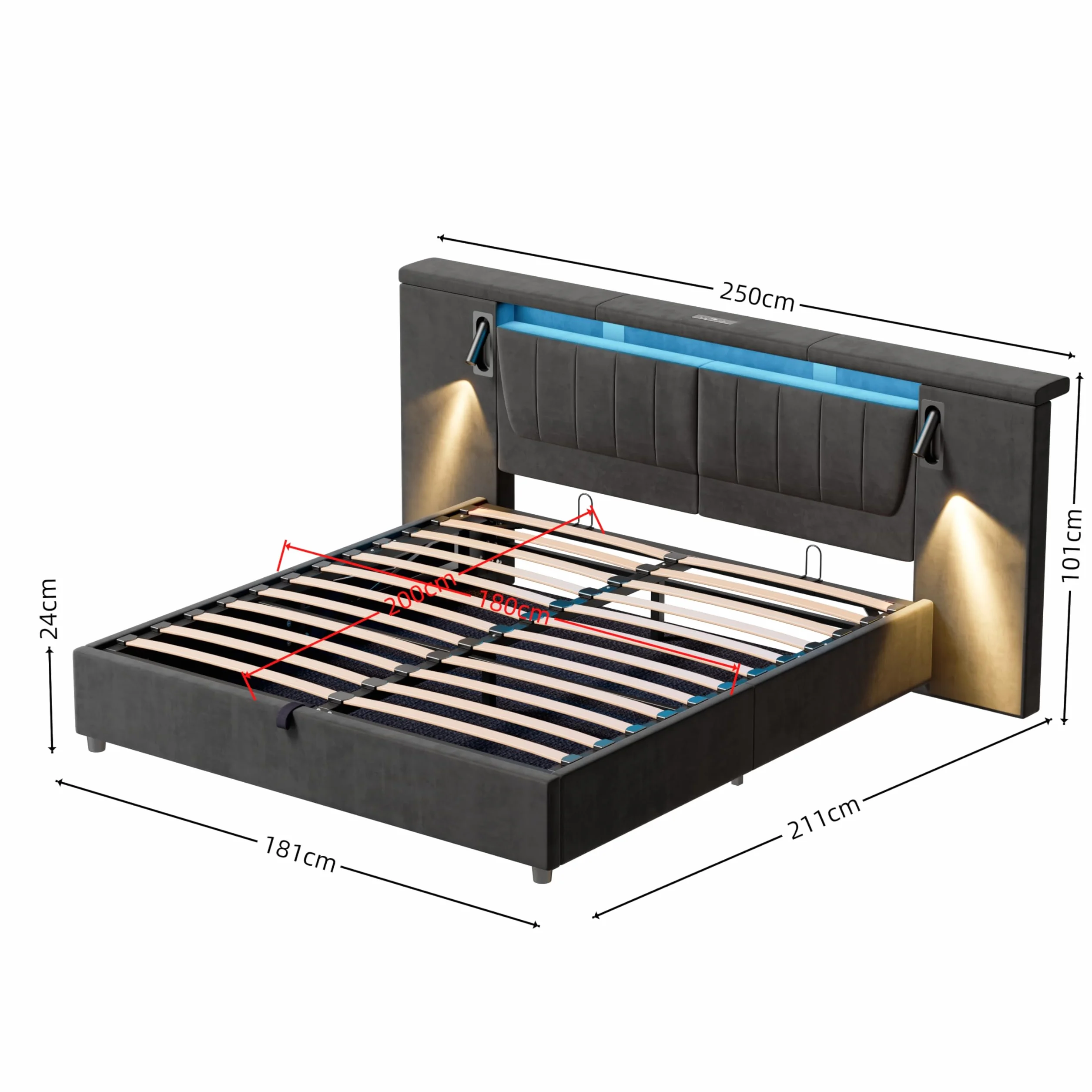 Cama 180x200 con LED y USB, Camas Matrimoniales con Almacenaje, Cama Matrimonio con lámpara de Lectura, Cama Canape con Cabecero, Estructura Cama Doble con Somier, Sin Colchón,Terciopelo (Gris)