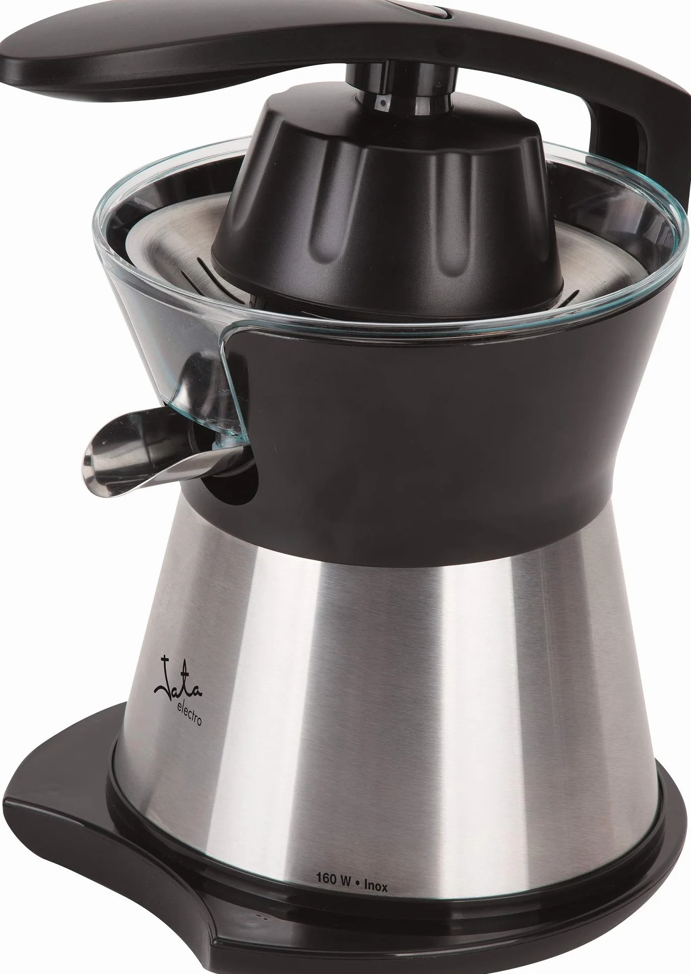 Jata EX613 Exprimidor de Naranjas Eléctrico de Brazo, 160 W, Doble cono, Cuerpo Acero Inox, Desmontable, Tapa cierre antigoteo, Base antideslizante, Extracción continua, Silencioso