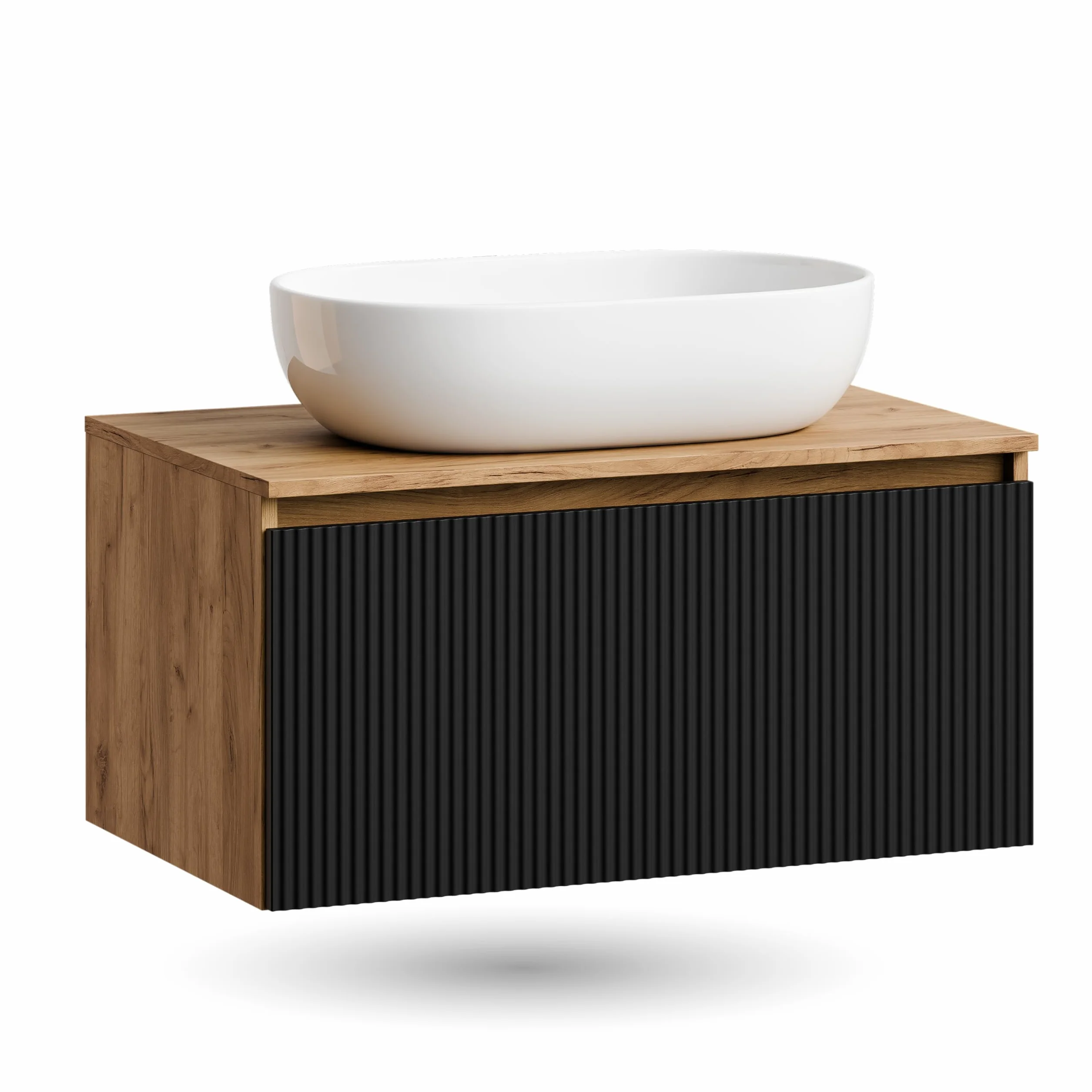 Planetmöbel Arisa Juego de muebles de baño con lavabo de 80 cm en roble dorado negro (estriado), lavabo de 60 cm en blanco, con sifón de ahorro de espacio