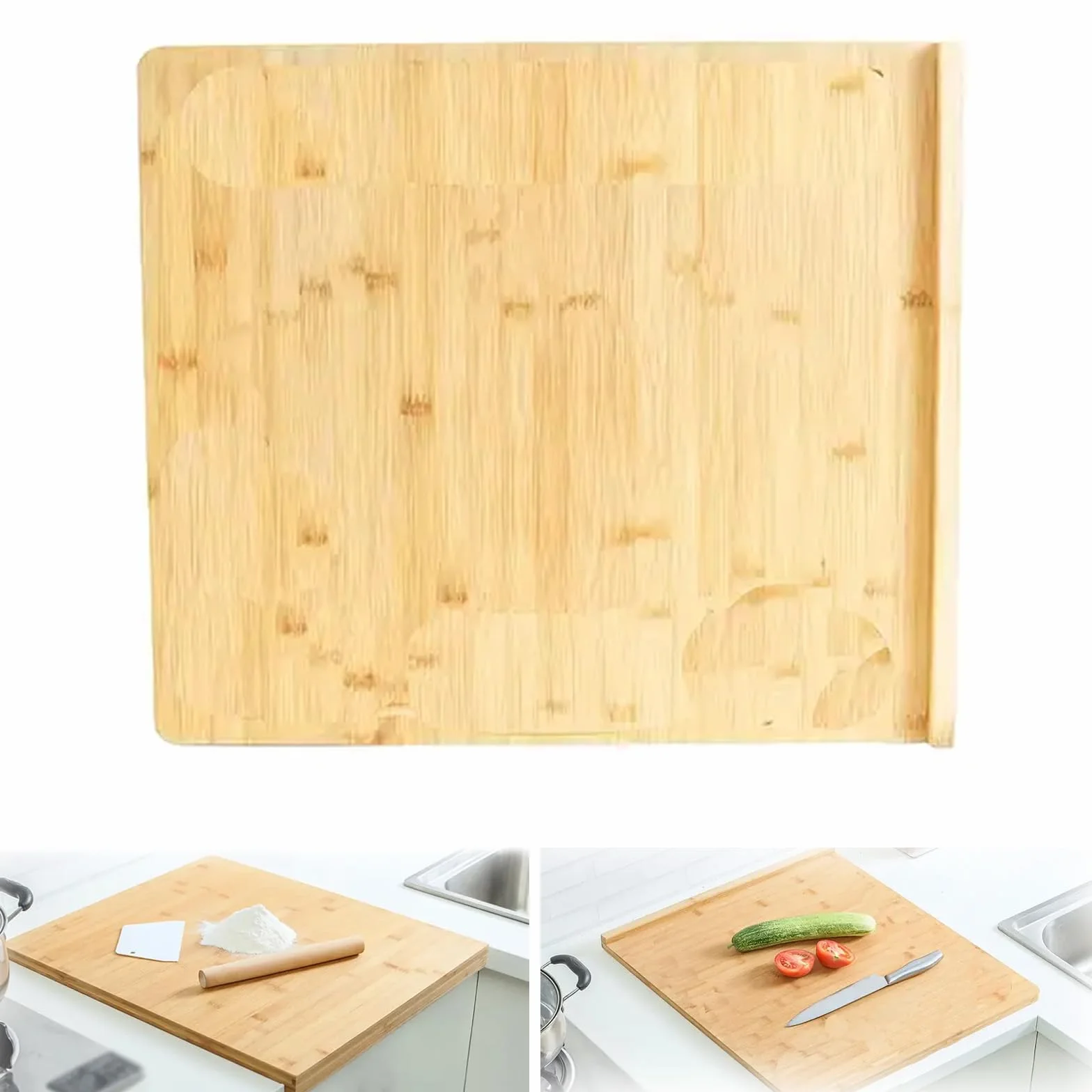 Tabla de cortar reversible de bambú de 50 x 30 cm, tabla de madera para repostería y amasado con ranura para encimera de cocina, ideal para preparación de pan y alimentos