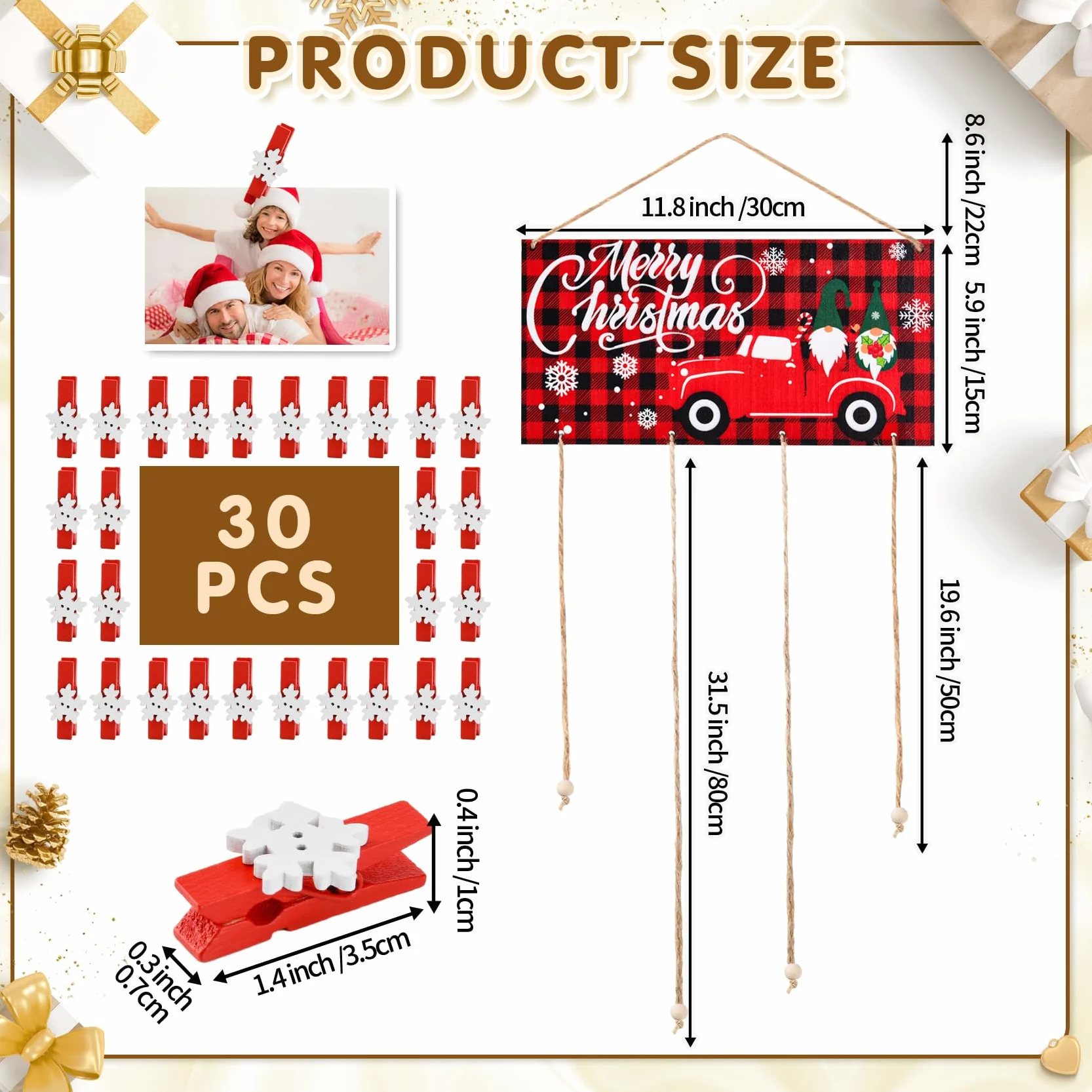 Tarjetero de Navidad de madera para colgar en la pared con 30 clips de fotos de madera de copo de nieve para pared, exhibición de tarjetas de felicitación de Navidad para decoración de pared de fiesta