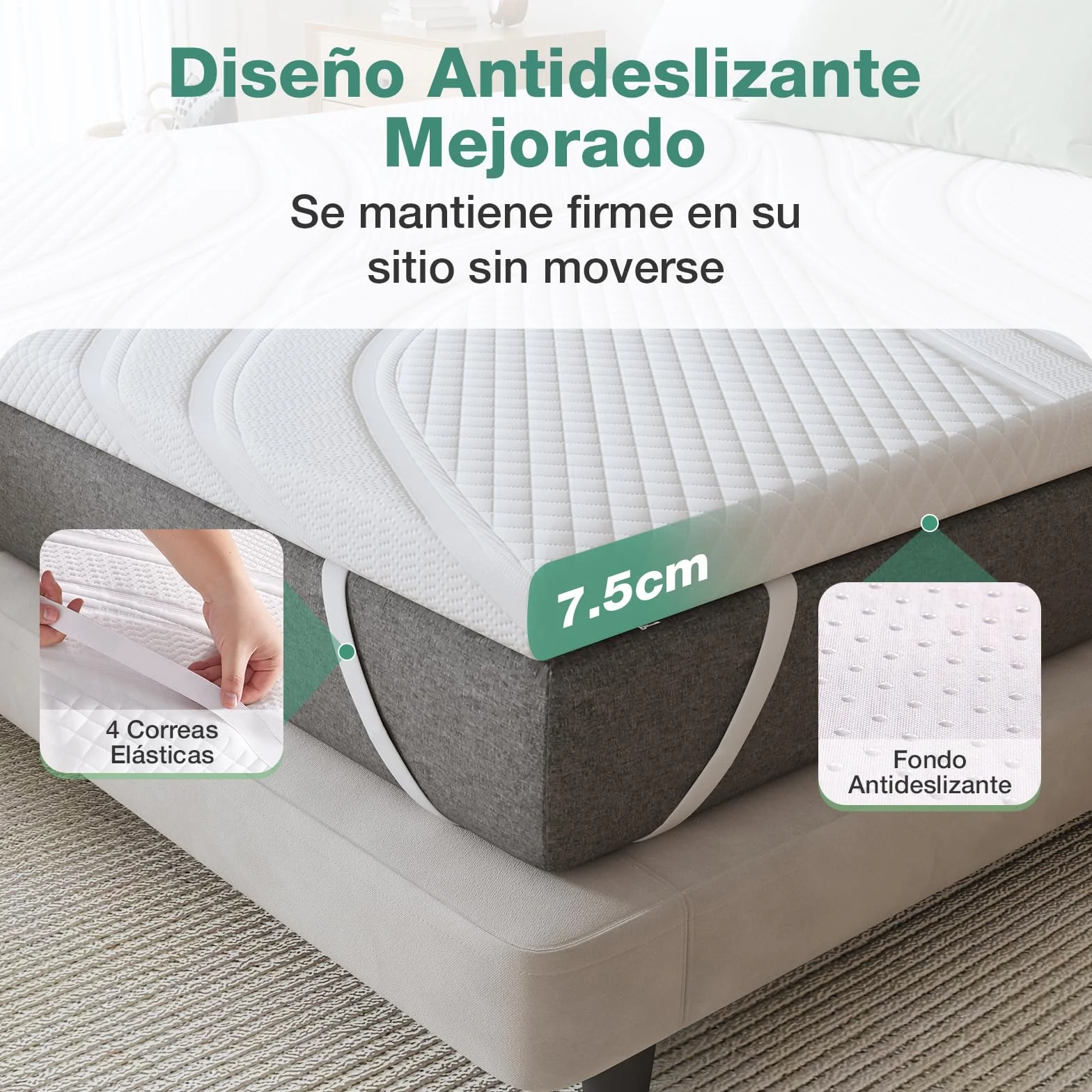Novilla Topper Viscoelástico 150x190 7,5 cm Sobrecolchón Espuma Memoria Gel Cubrecolchón Funda Transpirable Lavable Blanco