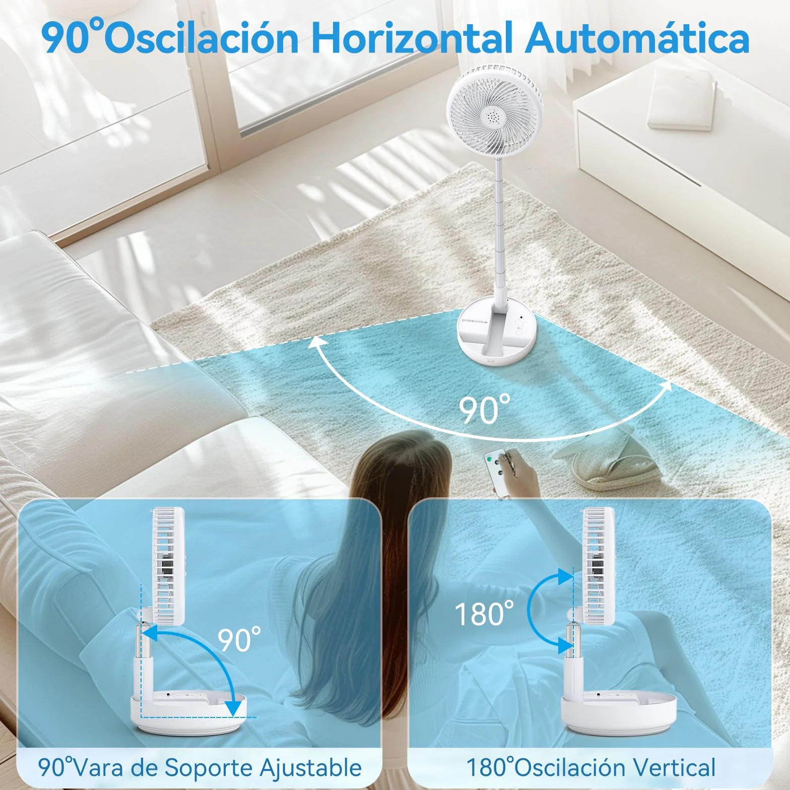 Primevolve Ventilador de Pie Portátil Auto-rotación con Remoto, 8'' Plegable Suelo/Mesa Ajustable, 7200mAh USB C Ventilador para Viajes Camping,Silencioso para Dormitorio Oficina (Blanco)