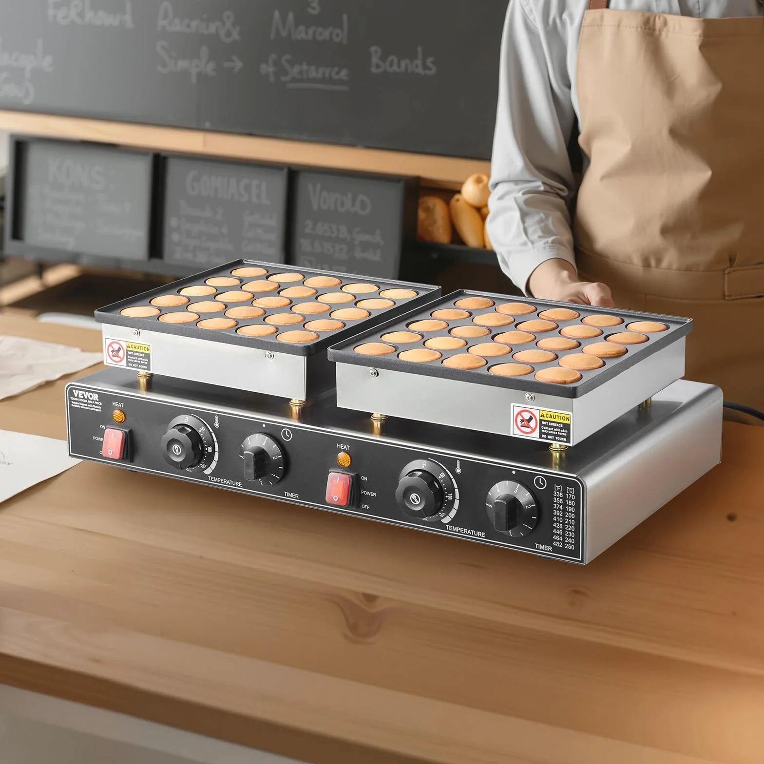 VEVOR Mini Máquina Holandesa para Hacer Panqueques, de Acero Inoxidable Antiadherente, para Dorayakis, 1800 W, Control de Temperatura y Tiempo Dual, para Cocina, Restaurante, 580 x 350 x 175 mm