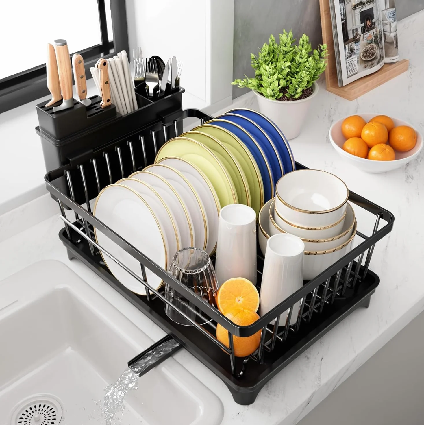 PurKeep Escurreplatos Escurridor de Platos Ahorra Espacio con Soporte para Utensilios, Gran Capacidad, Negro