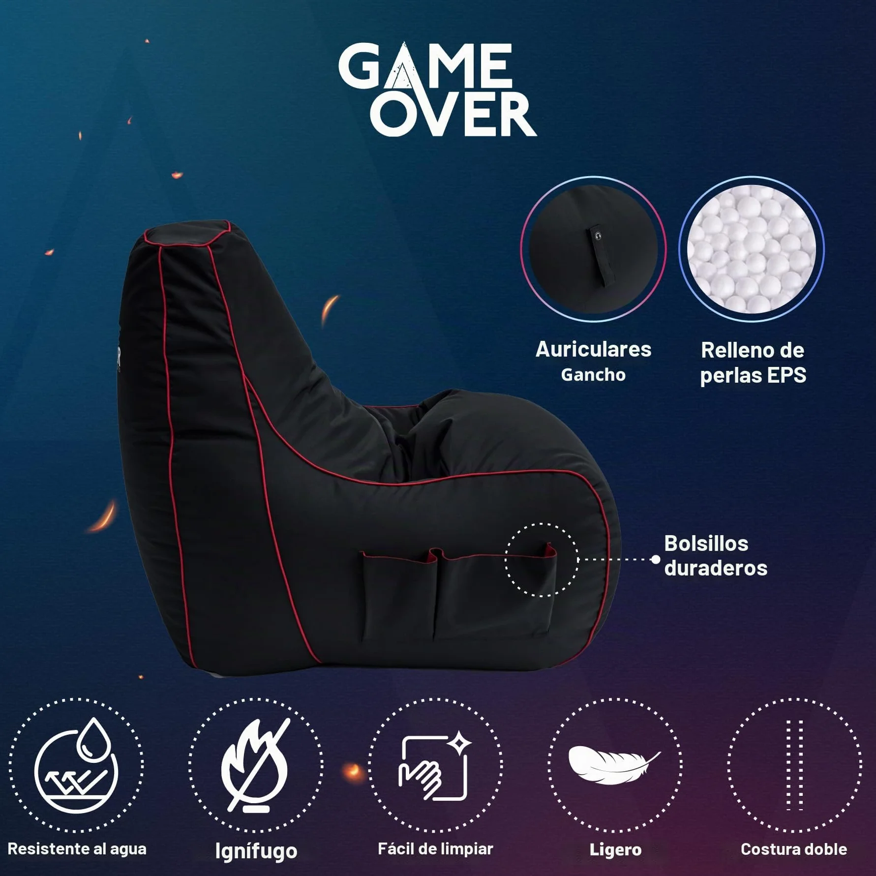 Game Over Crepúsculo Princesa Puff Pera para Video Juegos | Sala Interior | con Bolsillos Laterales para Controles | Soporte para Auriculares | Diseño Ergonómico (Carmesí Eléctrico)