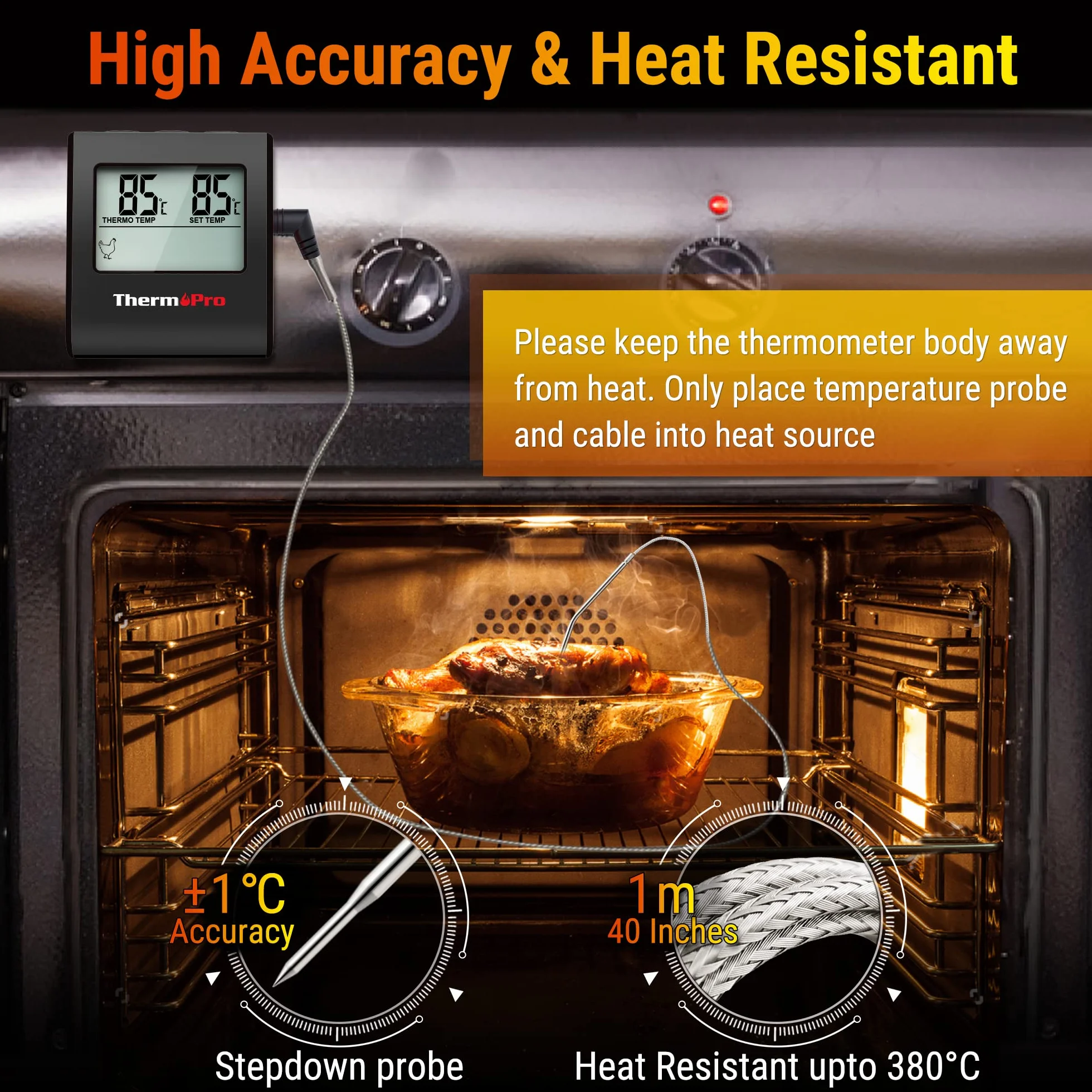 ThermoPro TP16B Termómetro digital de Cocina Carne Alimento para Barbacoa Horno Leche Parrilla con Temporizador y Alarma, la Sonda de Acero inoxidable, Negro