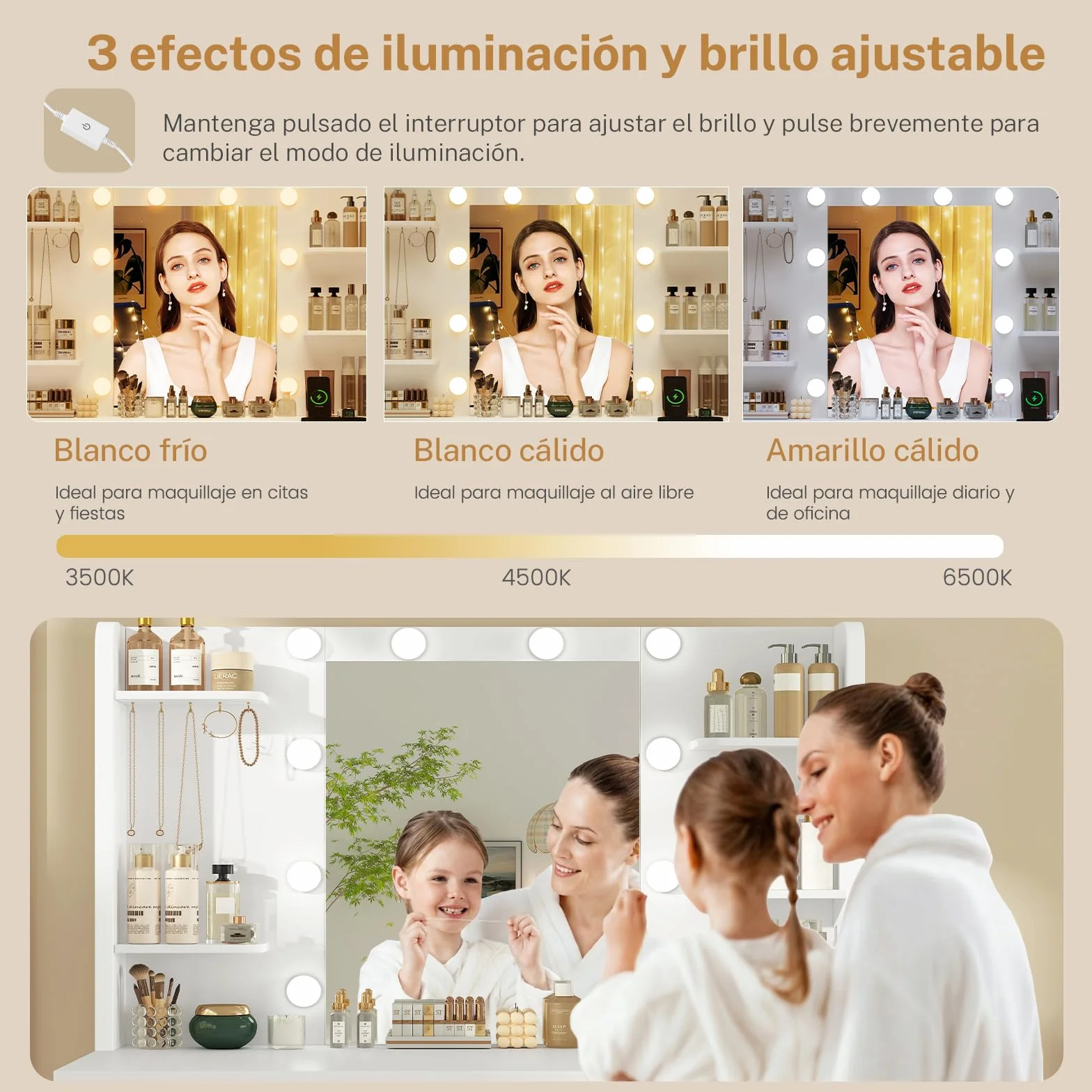 Mesa de Maquillaje con Luces y Espejo, Tocador Blanco con 4 Cajones y Estantes