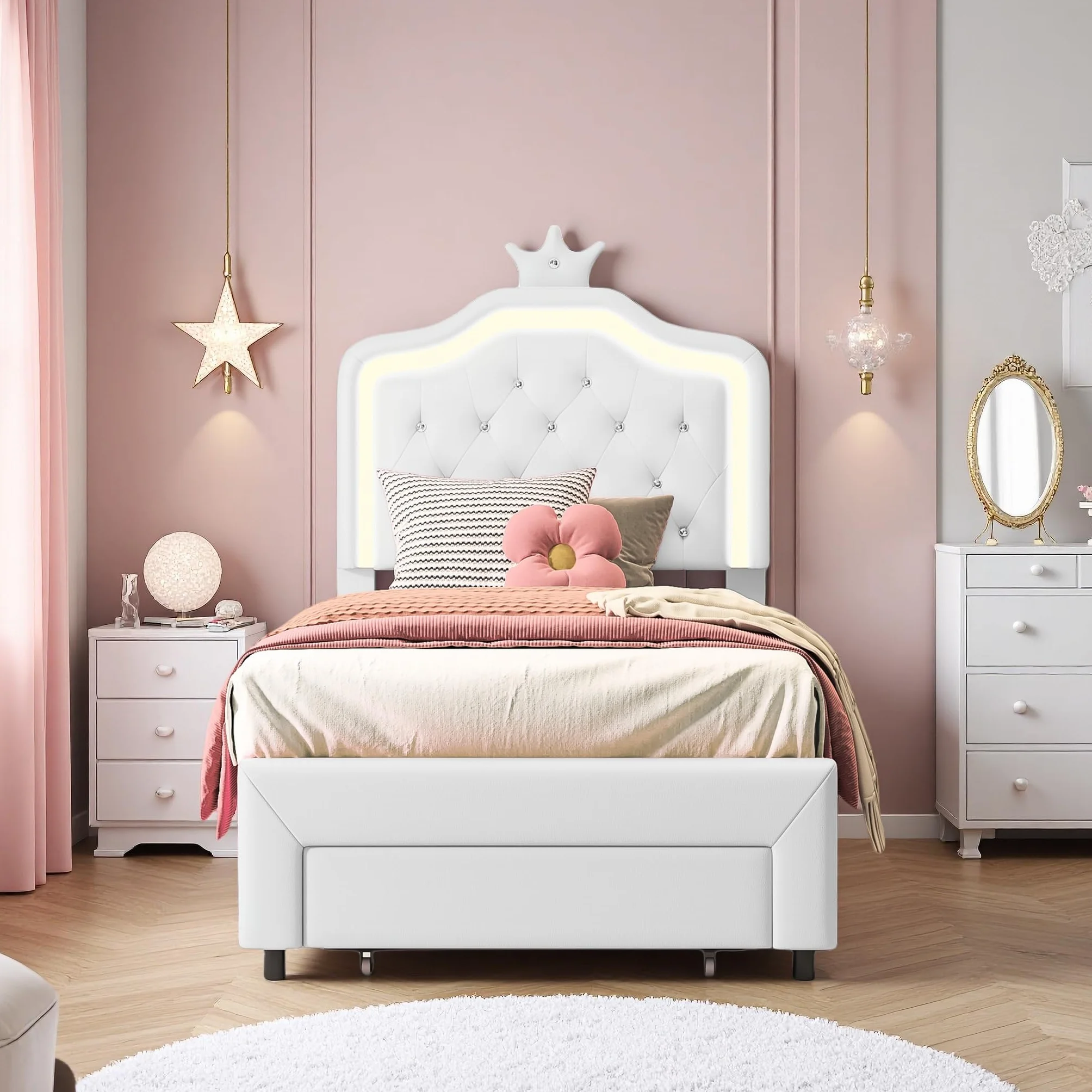 Cama Infantil 90x200 cm, Cama de Princesa con cabecero LED Corona, Camas Individuales Acolchadas con Somier de Láminas, Estructura de Cama para Niña con cajón, Camas de 1 Plaza para Niña