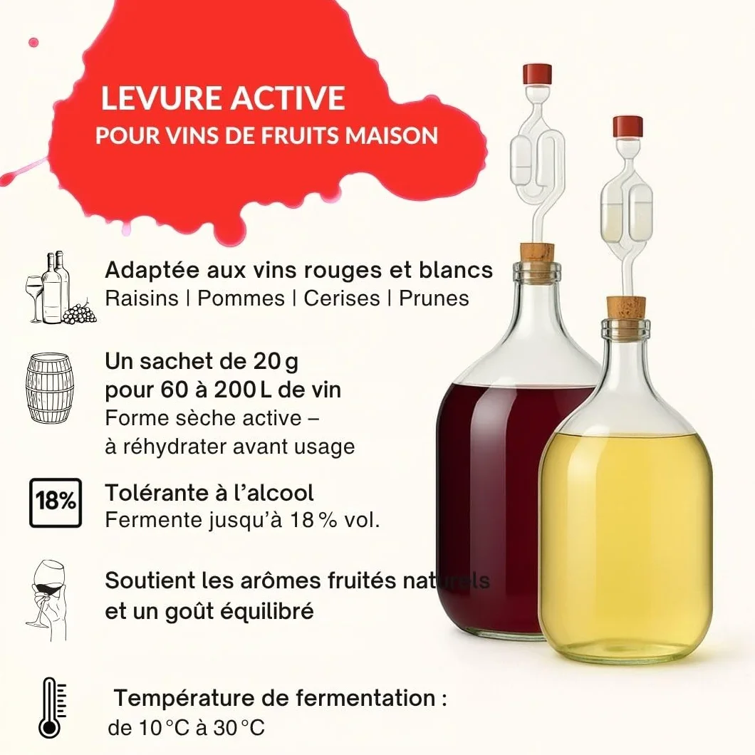 Levadura Vina 20g para Vino Tinto y Blanco, Frutas del Bosque y de Hueso Pequeño