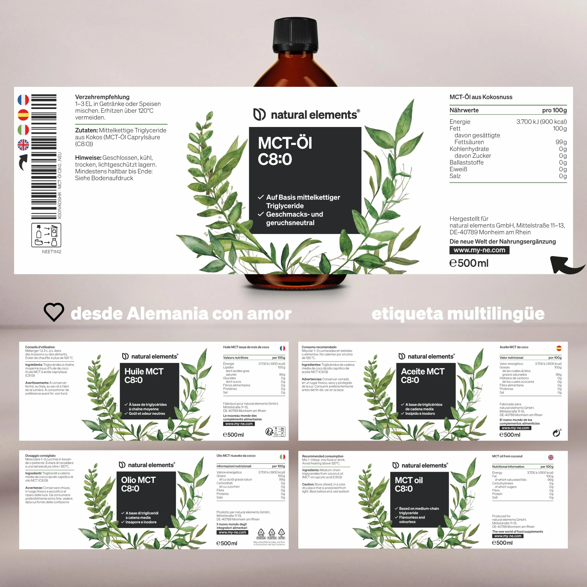 Aceite de coco MCT-C8 500ml puro ácido caprílico vegano sin aditivos probado en laboratorio