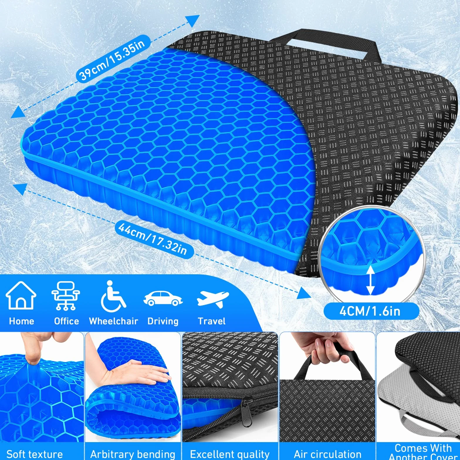 Cojín de Gel Antiescaras para Silla de Oficina, Funda Extraíble y Antideslizante, Transpirable, Azul Oscuro
