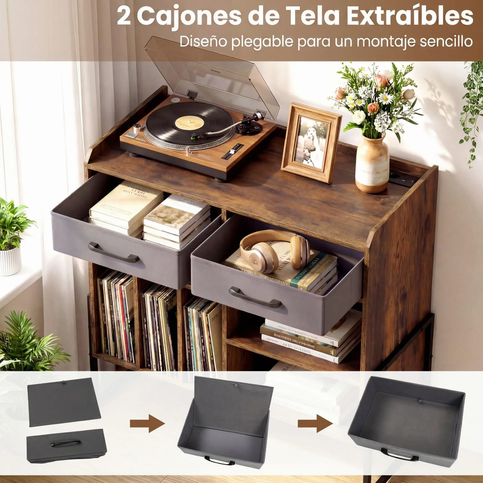 COSTWAY Mueble para Tocadiscos y Vinilos con Estación de Carga, 5 Compartimentos, 76x35,5x68,5 cm