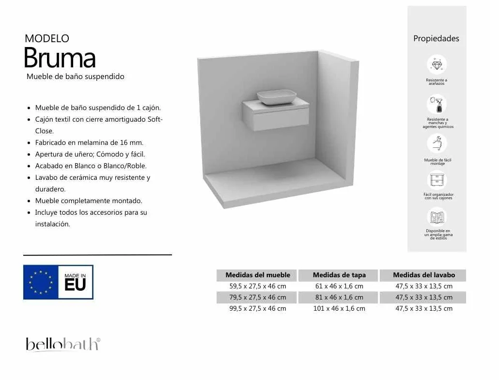 BELLOBATH - Mueble Baño Suspendido con Lavabo de Cerámica, Mueble Baño con Lavabo Montado con 1 Cajón, 60 x 27 x 46 cm, Mueble Blanco y Tapa Roble