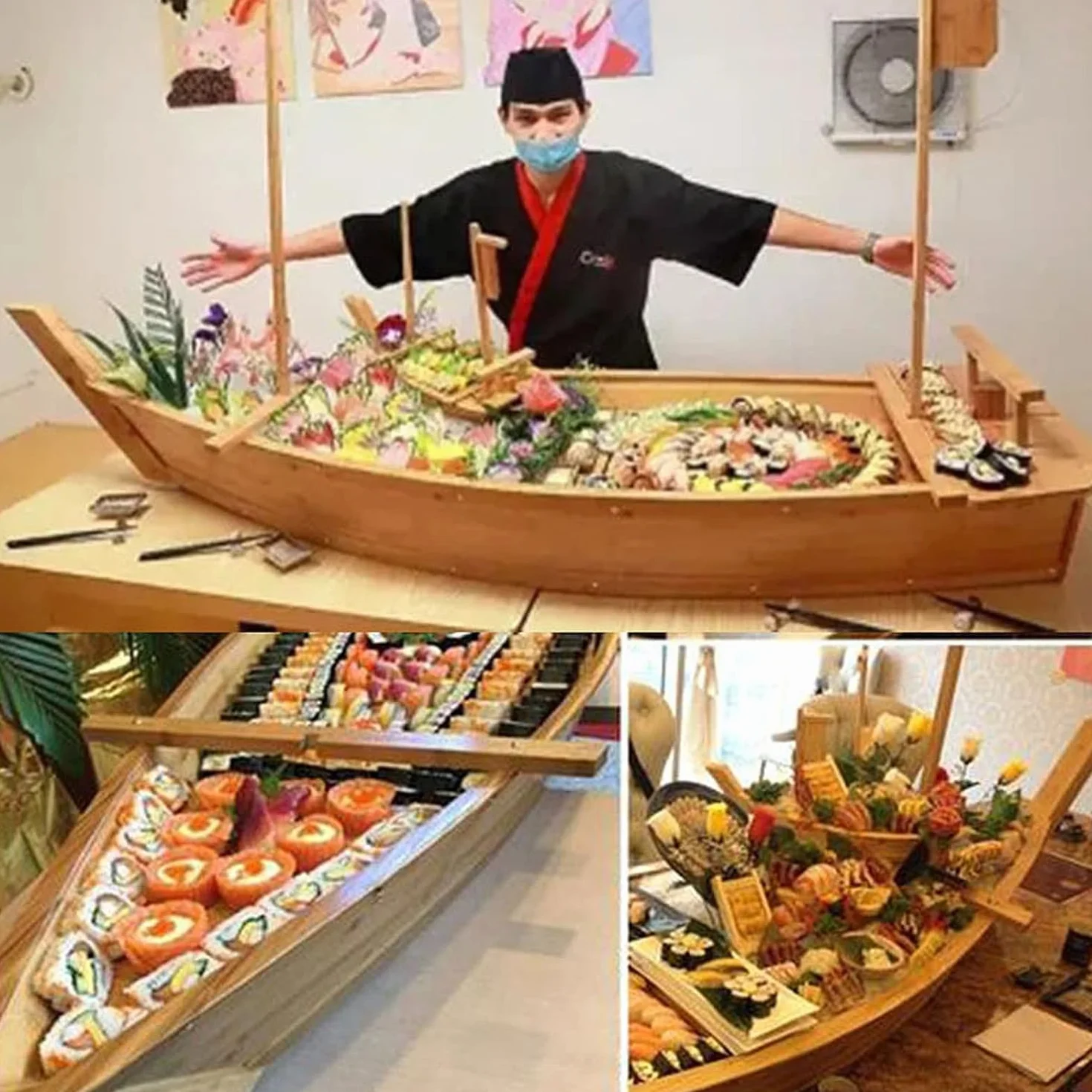 Barco De Bambú JaponéS para Sushi, Contenedor para SalmóN Y Marisco En Forma De Barco, Plato Grande para Servir Hielo Seco, para Restaurante O Plato Casero