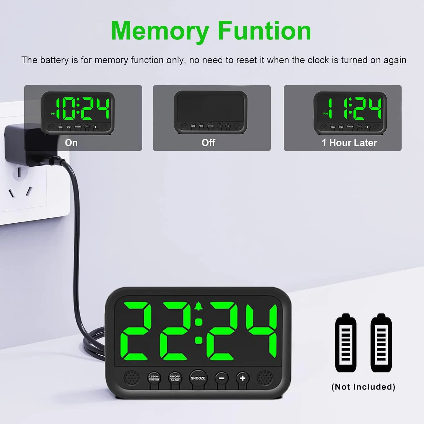 Despertador digital LED grande, alarma fuerte, enchufe eléctrico, volumen y brillo ajustables, repetición, 12/24 horas