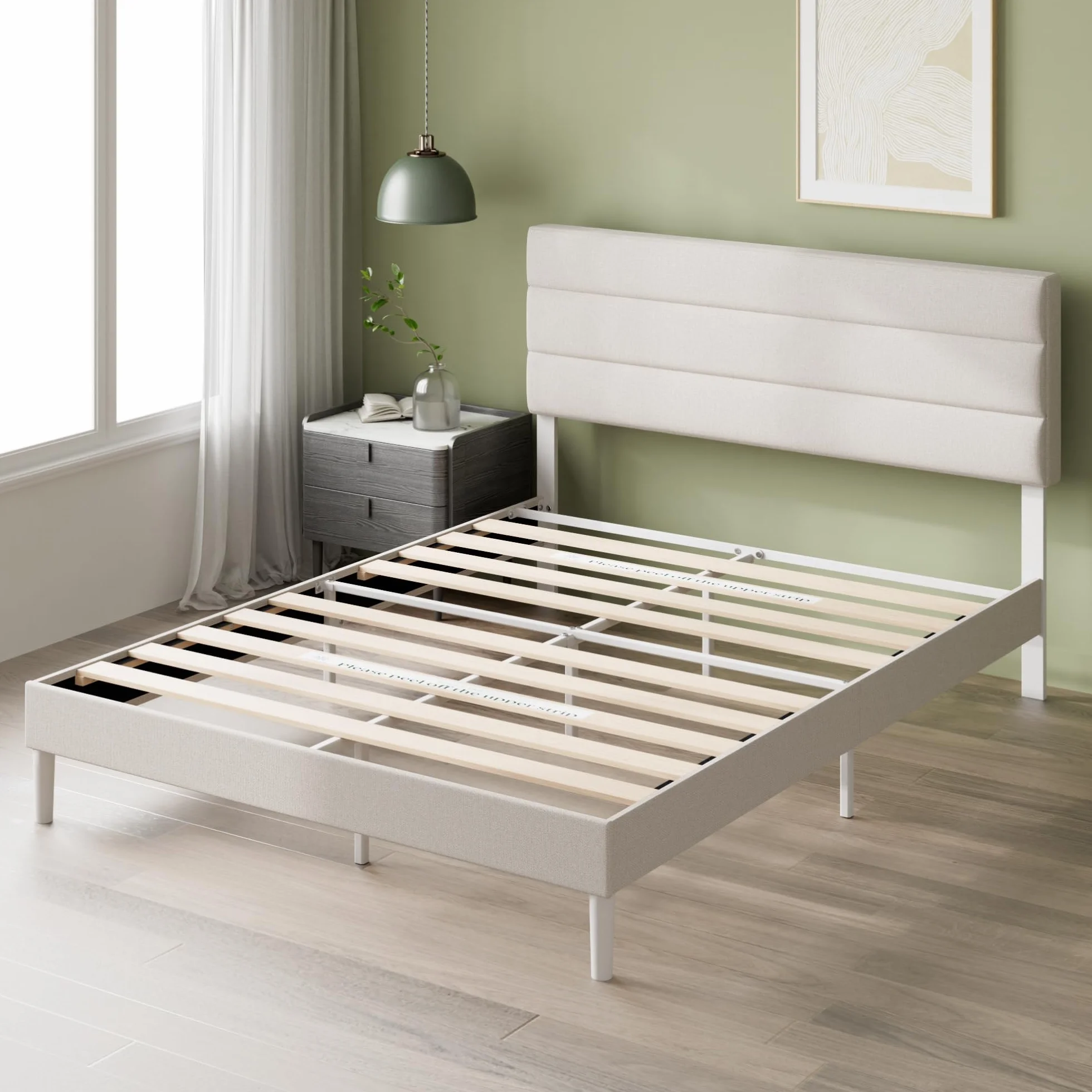 Zinus Piper Somier 135x190 cm - Altura 30 cm - Base Cama Matrimonio Tapizada con Cabecero - Láminas de Madera - Montaje Fácil- Blanco Roto