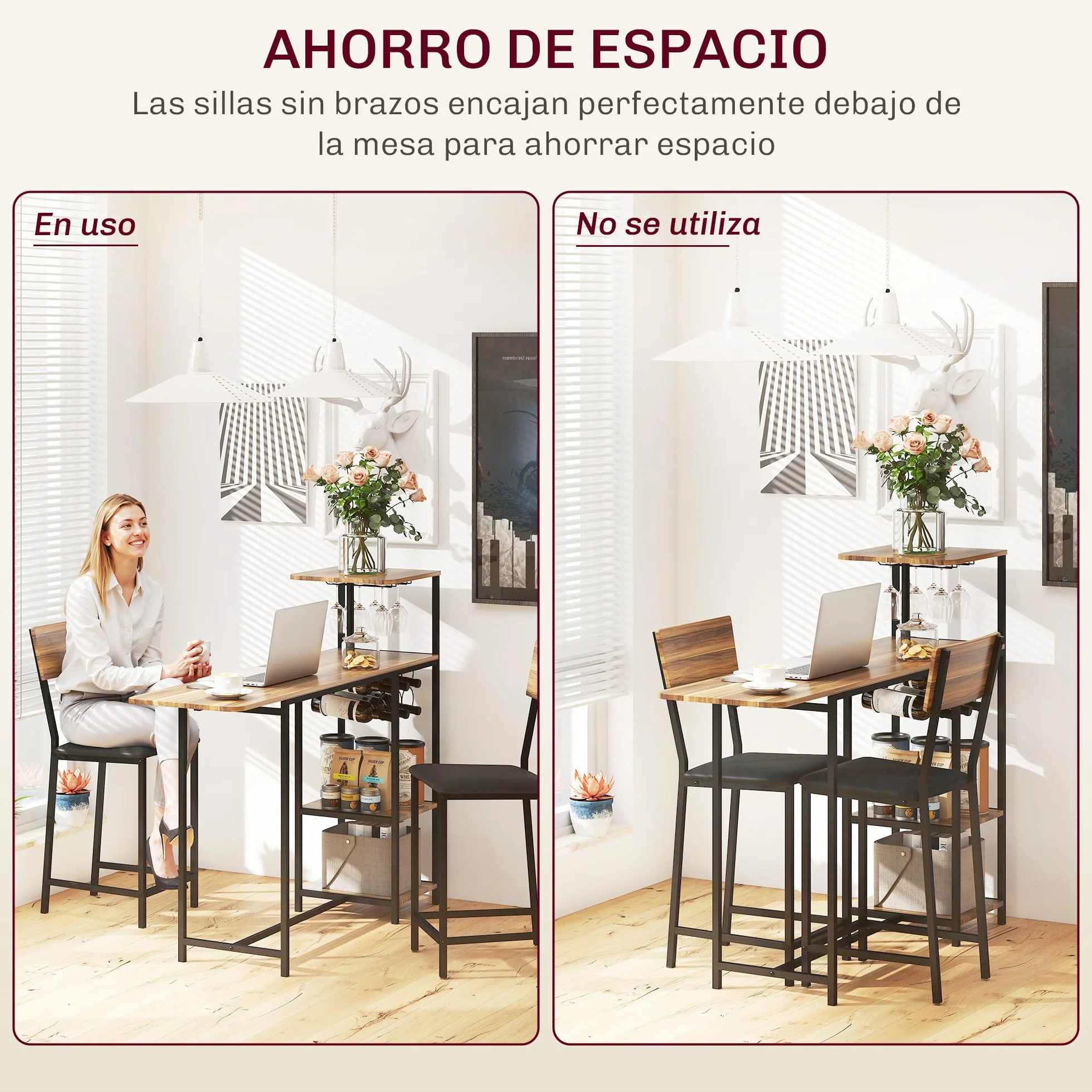 HOMCOM Juego de Mesa y Taburetes de Bar Mesa Alta de Cocina con 2 Taburetes Laterales Abatibles Soporte para Vinos y Estantes Estilo Industrial Marrón y Negro