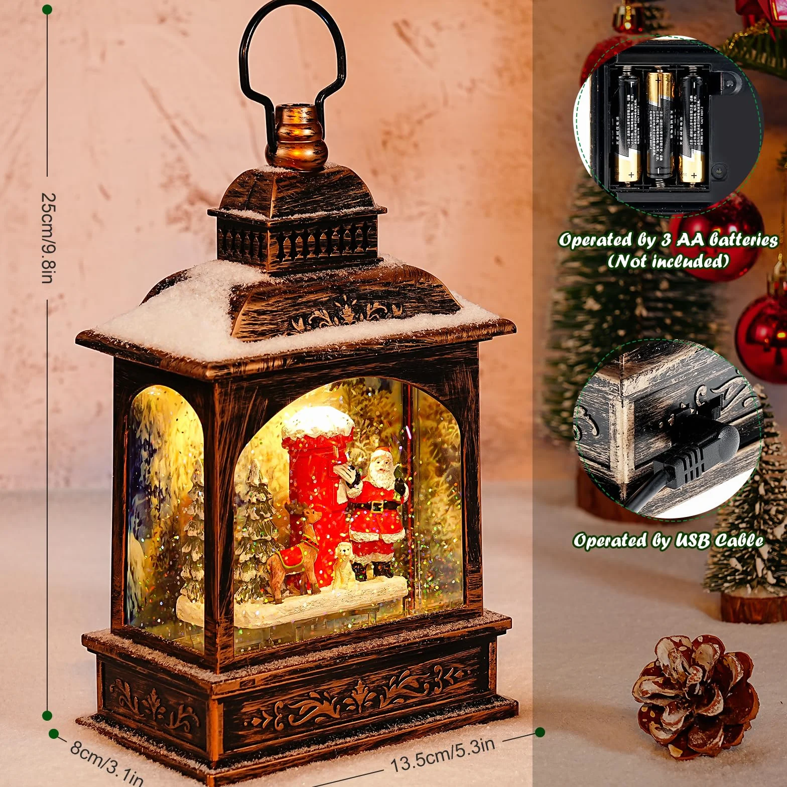 Linterna de Globo de Nieve Navideño Con Música - Papá Noel Brillante Para Decoración del Hogar - Funciona Con Pilas/USB - Regalo