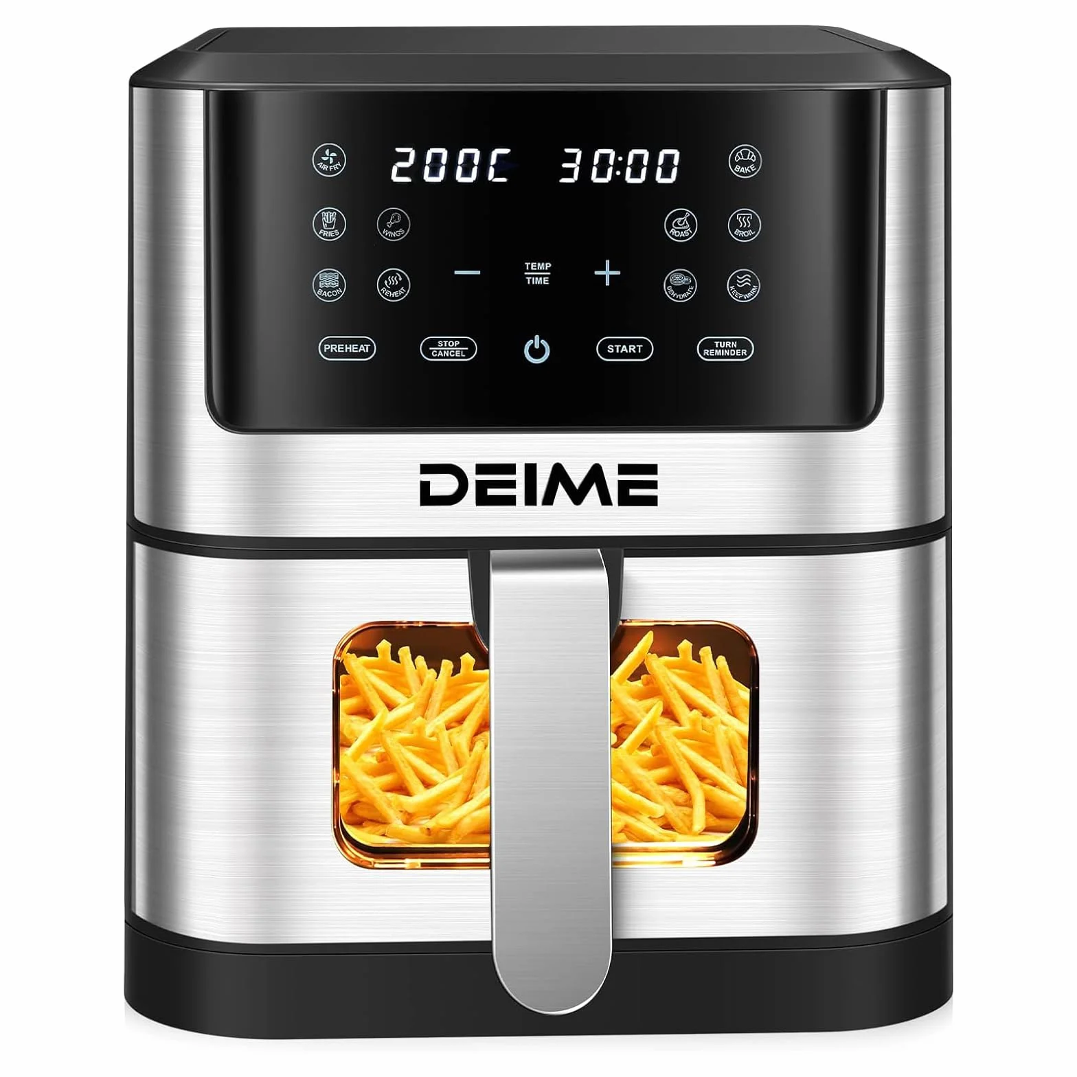 Freidora de Aire 10 Funciones, 6L, 1500W, Control Digital de Temperatura 80-200°C y Tiempo, Temporizador hasta 60 min. Pantalla LED, Ventana de Cocción Visible, Antideslizante. (6 LITROS)