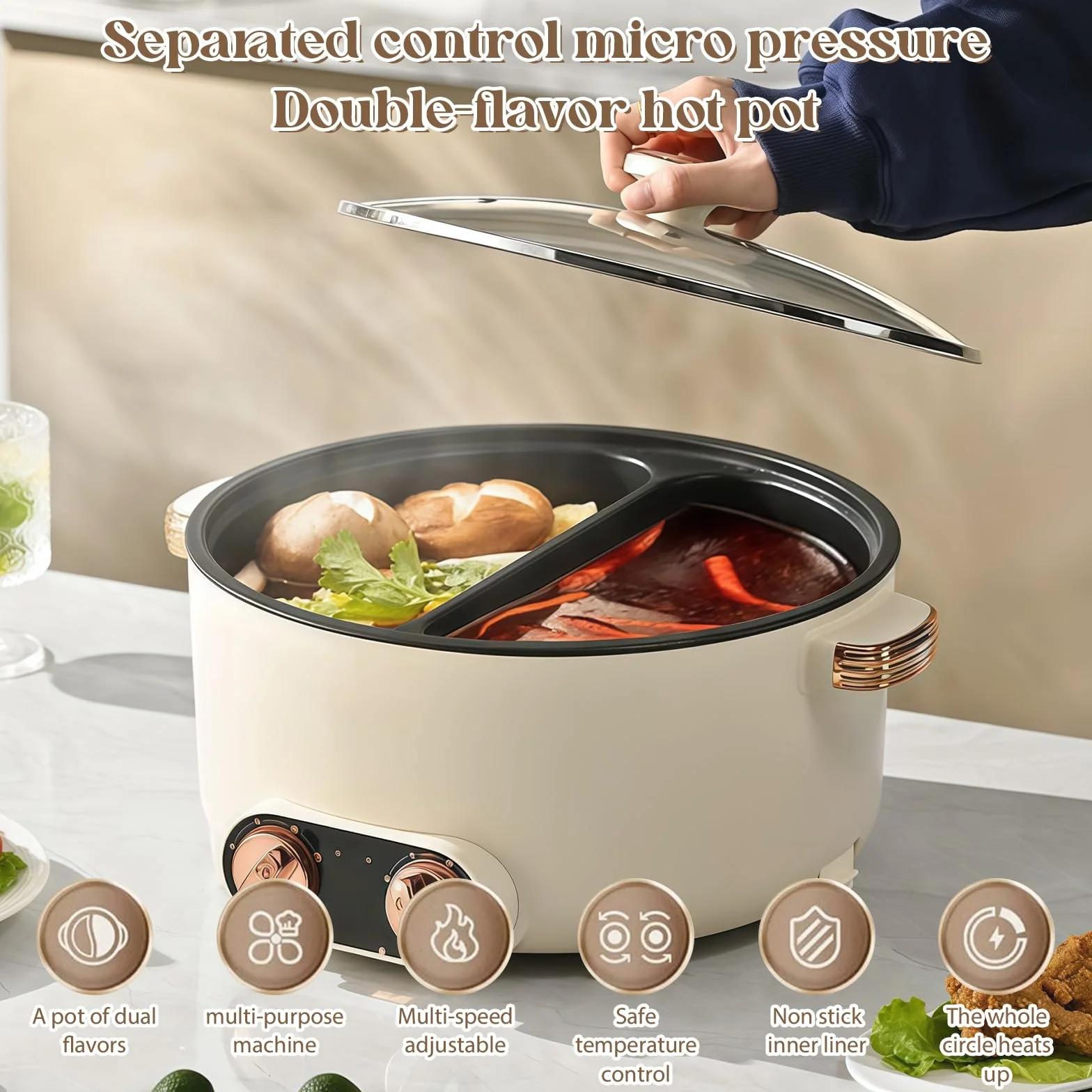 Hot Pot Olla Eléctrica 5.5L 1600W Multifuncional Antiadherente con Doble Botón Rotativo