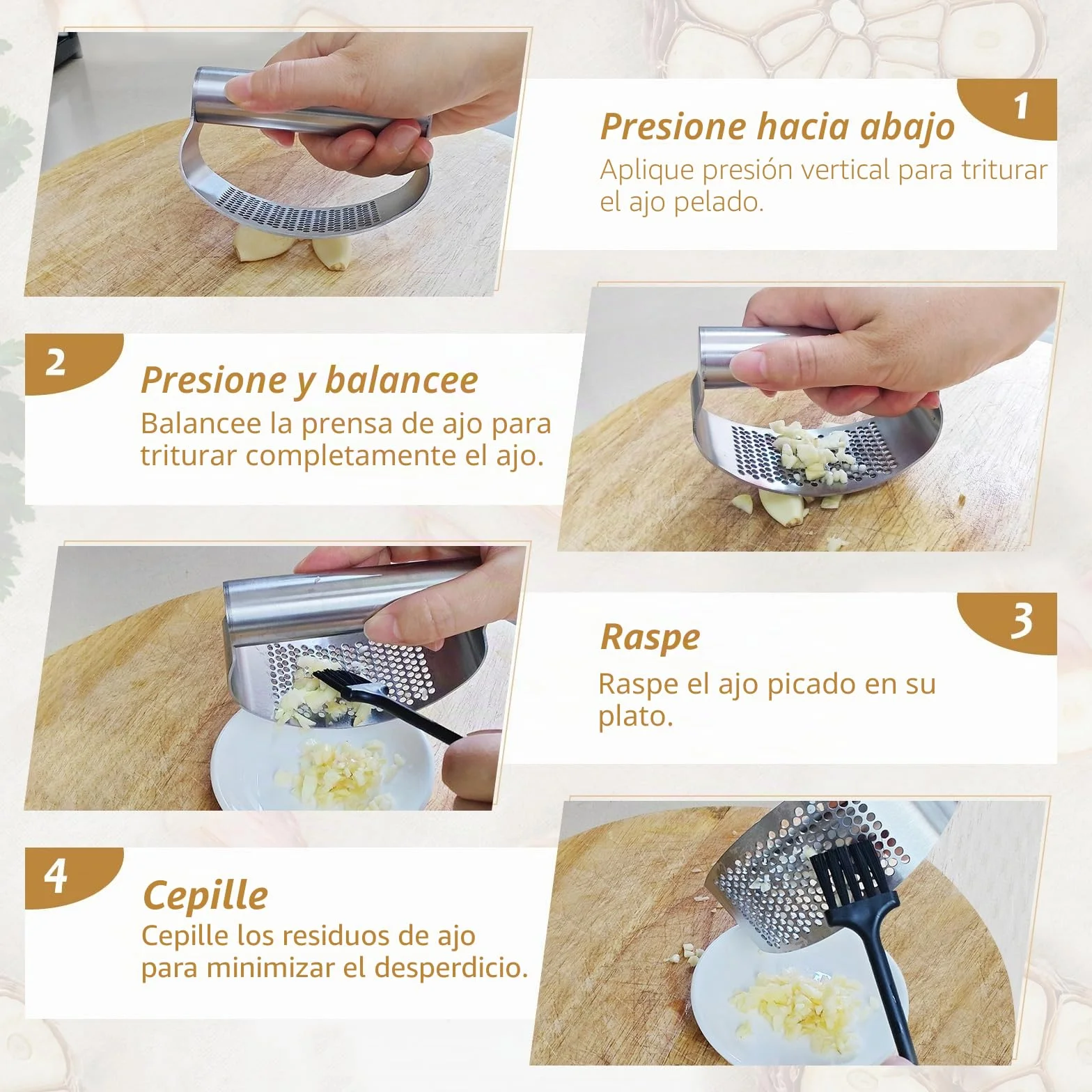 Prensa Ajos Acero Inoxidable Profesional Ergonómico Set Cocina con Pelador y Cepillo Apto Lavavajillas