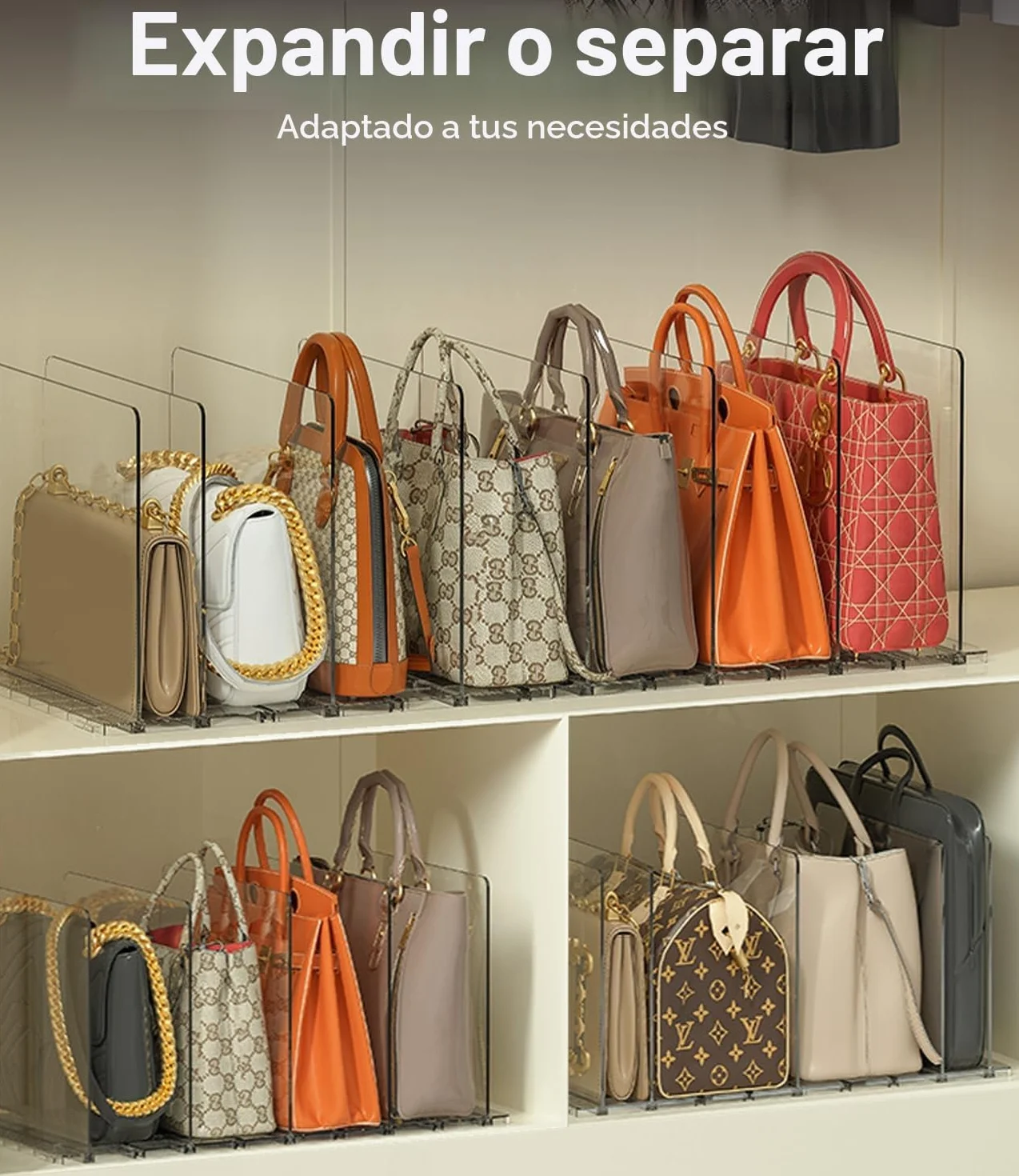 Set de 10 Separadores de Bolsos, Organizador de Armario Ajustable con Base Ranurada y Divisores, Ideal como Organizador de Armario y Bolsos de Mujer, También para Cocina, Baño y Escritorio