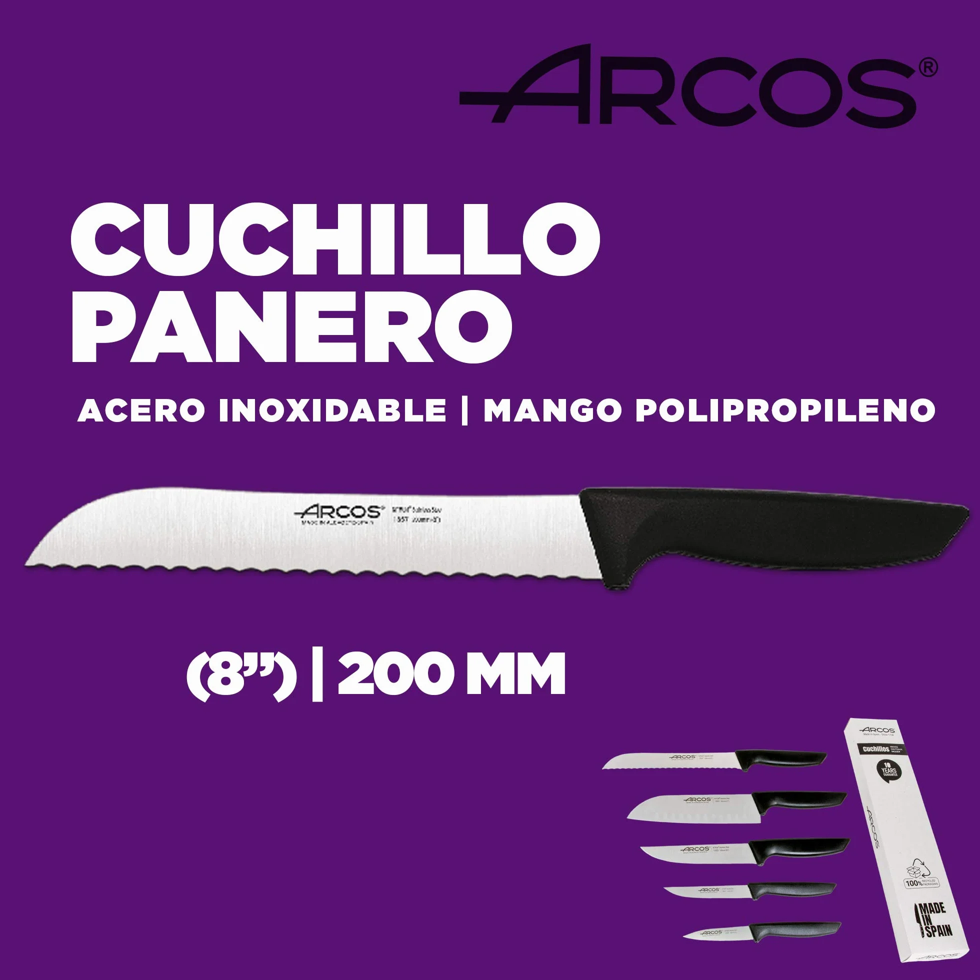 Arcos Juego Cuchillos Cocina Profesionales Acero Inoxidable Mango Negro 5 Piezas Santoku