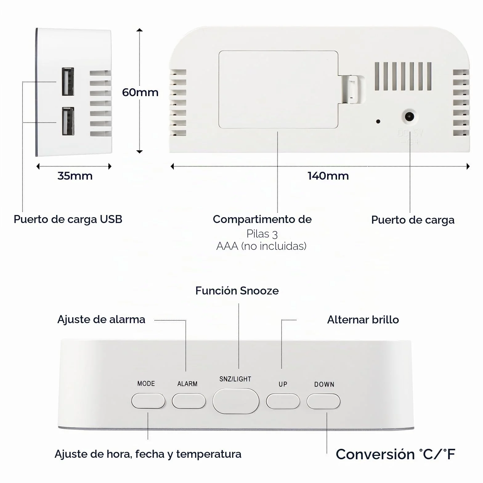 Vinabo Despertador Digital para mesilla de Noche con 2 Puertos USB de Carga, Reloj de Mesa con 2 Niveles de luminosidad para Dormitorio