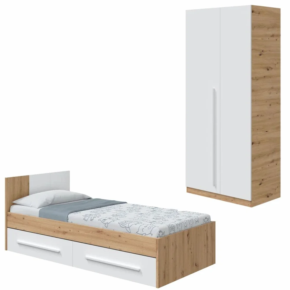 Mobelcenter, Dormitorio Juvenil Noa, Conjunto Dormitorio Infantil Juvenil Color Roble Nodi Blanco Artik, Cama con 2 cajones y Armario 2 Puertas con Barra de Colgar y 3 estantes (1325, 1326)
