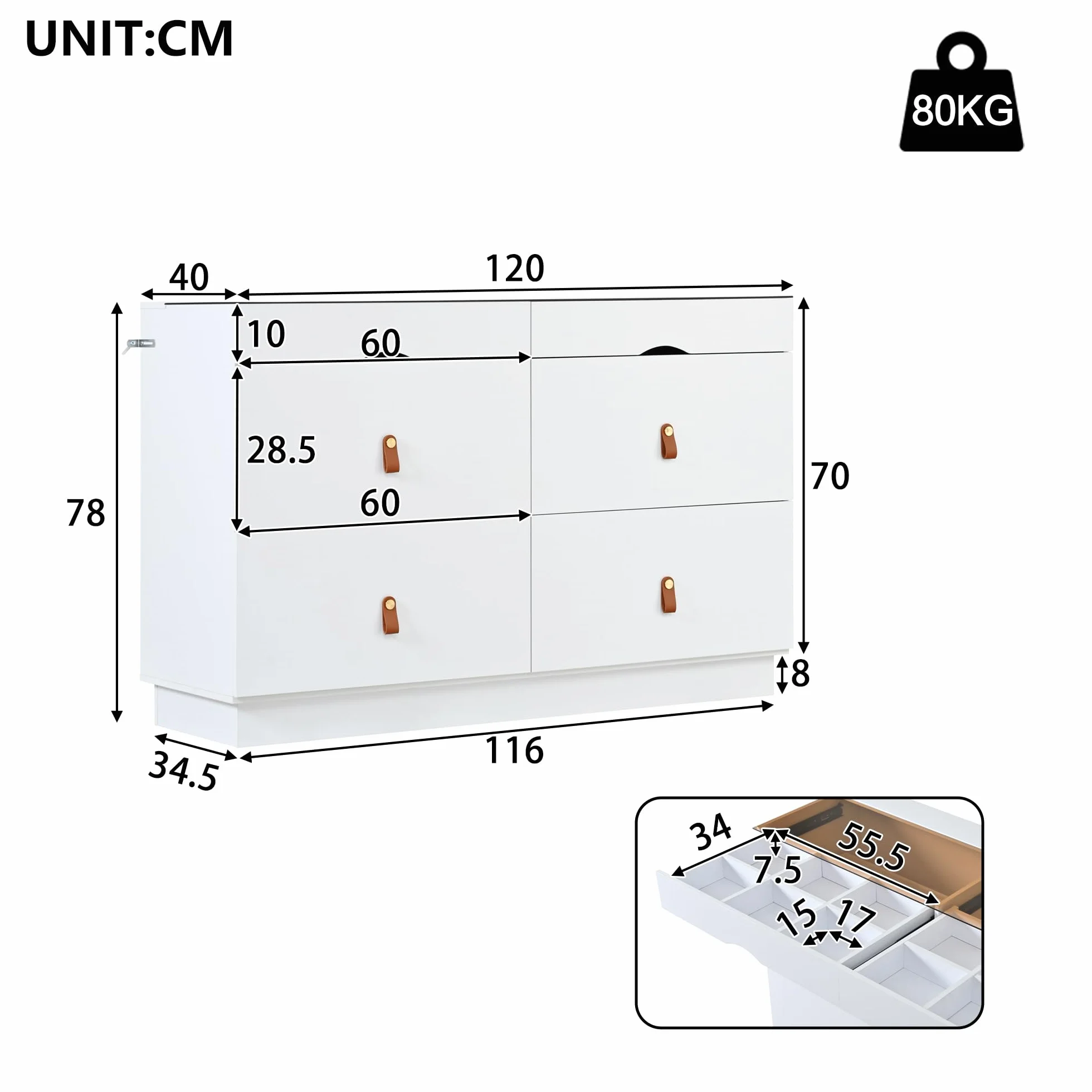 Aparador de cristal de seguridad con 6 cajones, antiinclinación, armario alto para dormitorio y todos los espacios de estar, 120 x 40 x 78 cm, color blanco