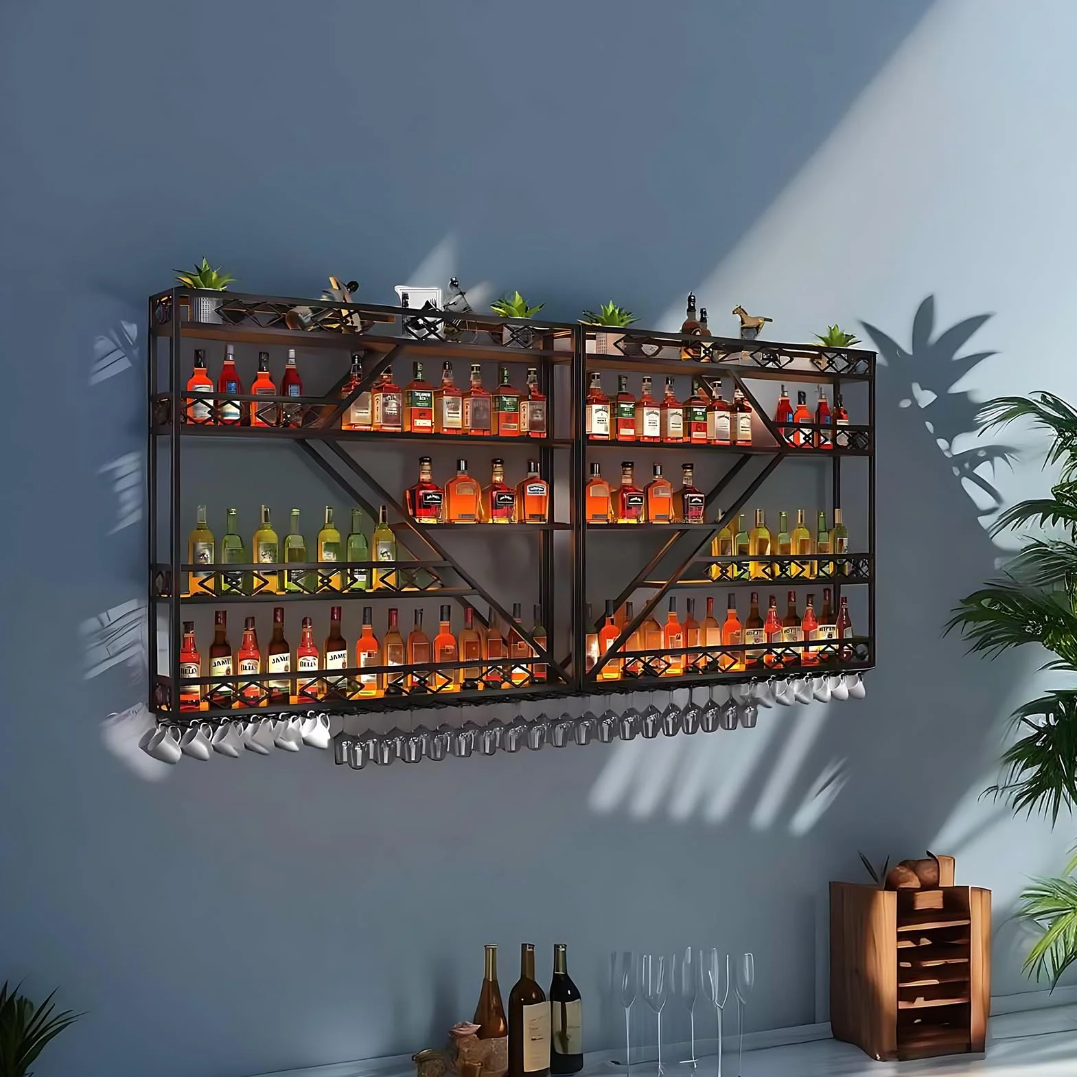Estante de vino de pared de metal con iluminación LED y soporte modular