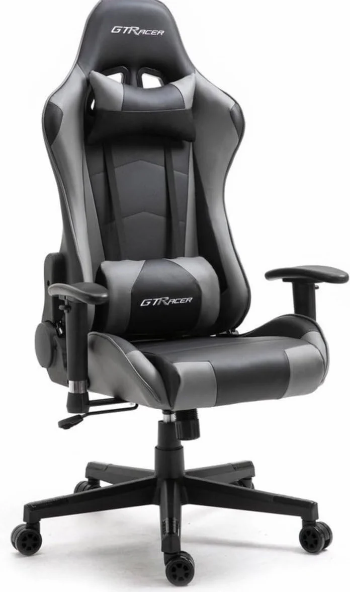 GTRACER Pro Gaming - Silla de oficina ergonómica con reposabrazos ajustables, piel sintética, incluye cojín lumbar y almohada (negro y gris)