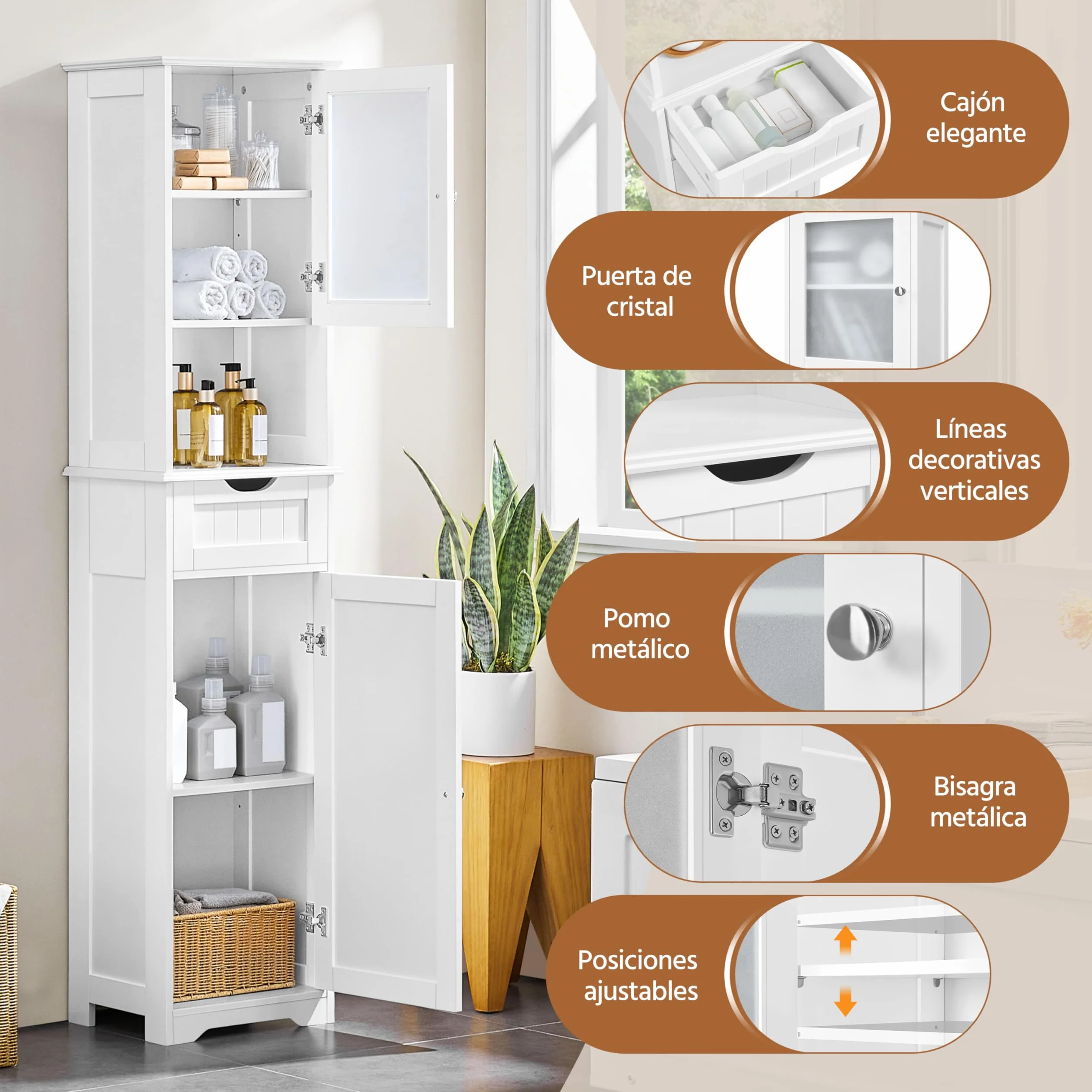 Yaheetech Armario Baño con Puerta de Cristal 40x30x170 cm Blanco