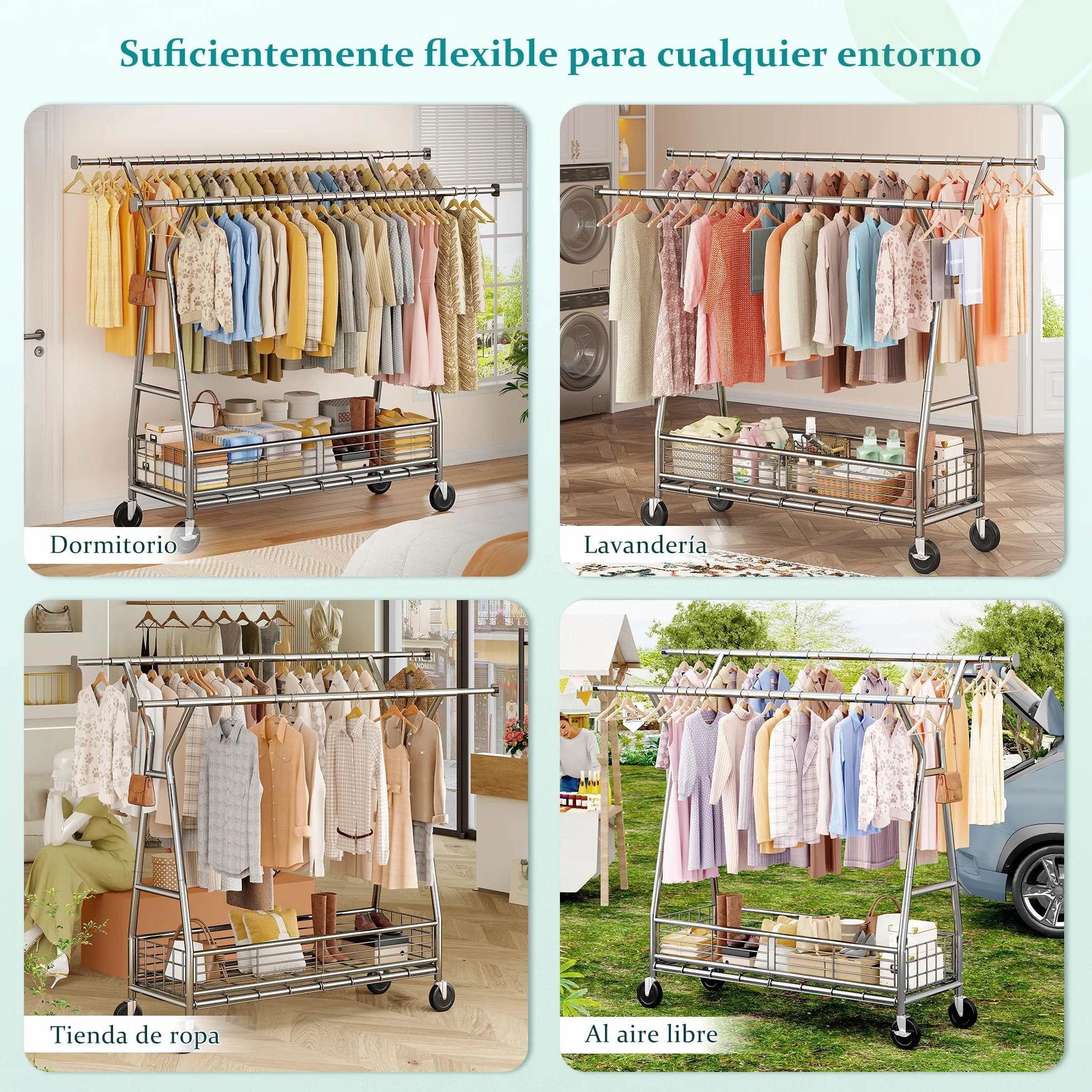 Burro Ropa resistente con Ruedas y Cesta para Ropa Sucia, Perchero Burro Ropa Extensible para Carga Pesada 200 kg, Burro para ropa para Almacenamiento en Entrada, Dormitorio o Vestidor