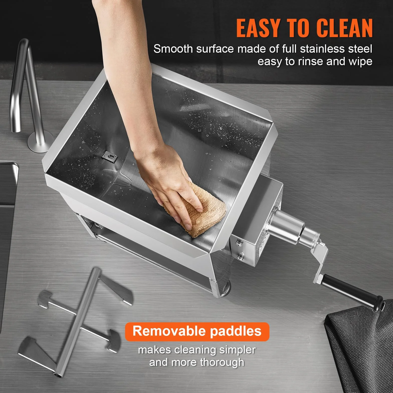 VEVOR Mezcladora de Carne Manual Tanque de 40 L, Equipo de Procesamiento de Carne, Capacidad Máxima de Mezcla de 27,2 kg, Mezcladora de Salchichas de Acero Inoxidable con Tapa, Caja de Engranajes
