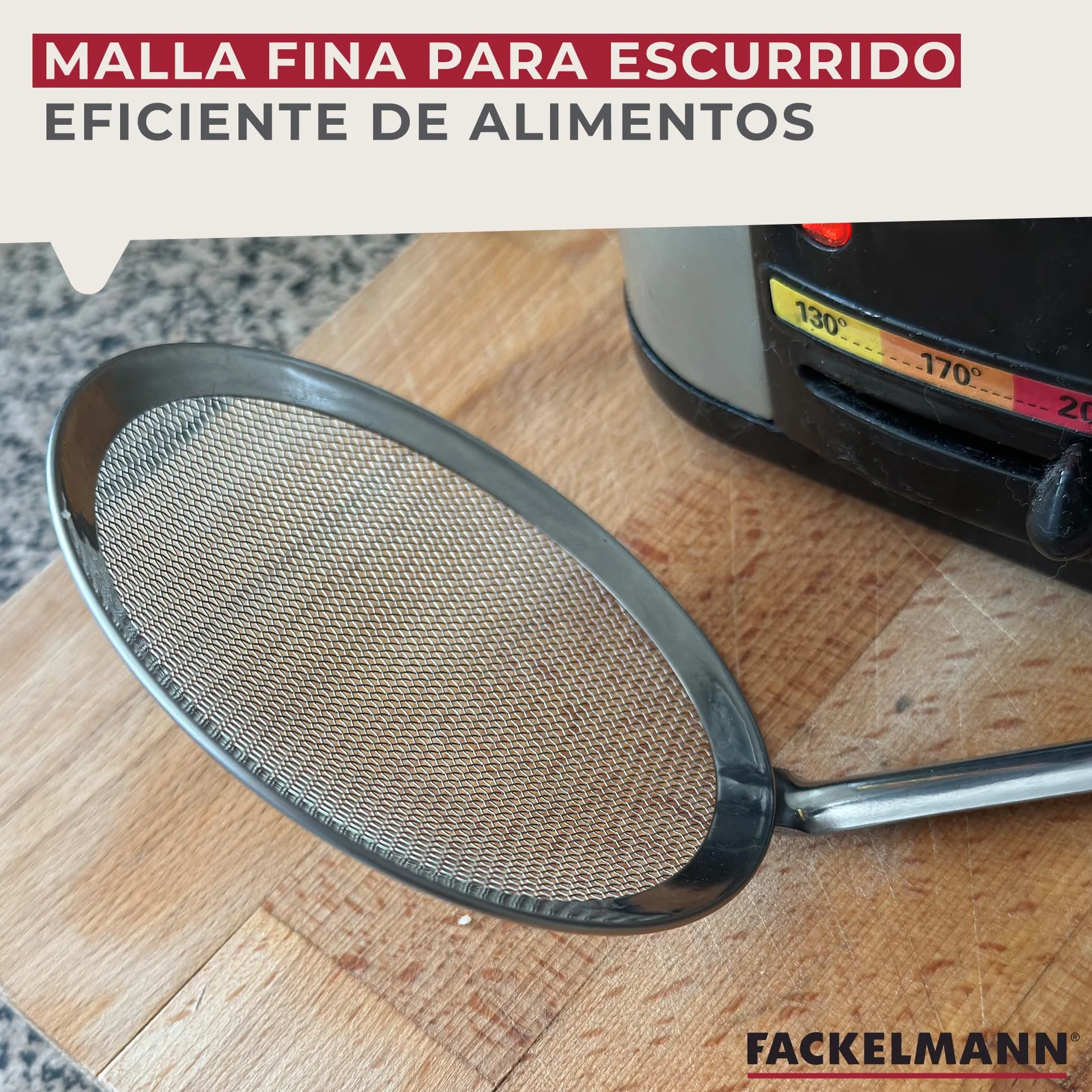 Fackelmann Espumadera de Malla, Acero Inoxidable, 30x11x8 cm, Naranja y Gris