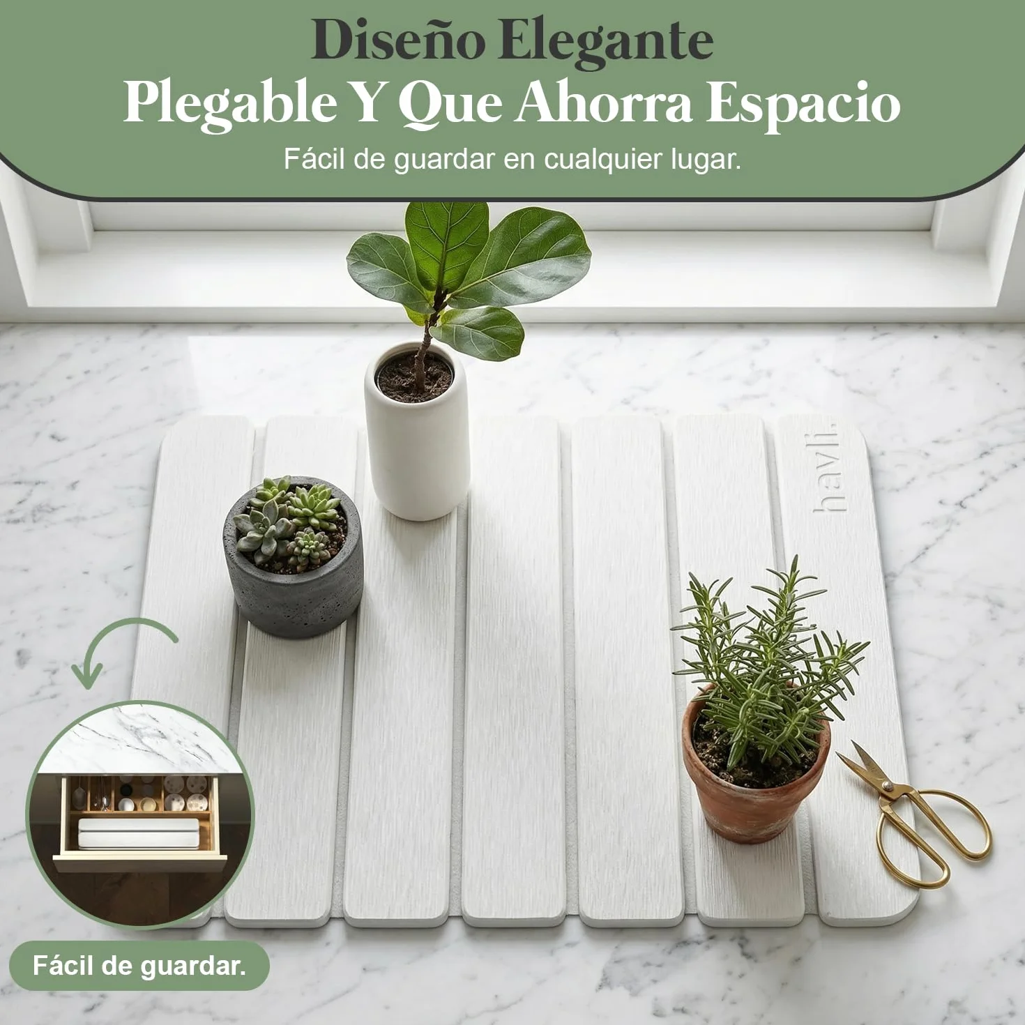 Alfombrilla Escurreplatos de Diatomita Plegable Absorbente Secado Rápido Cocina Antideslizante Base Cuero Sintético Incluye Lija Blanco