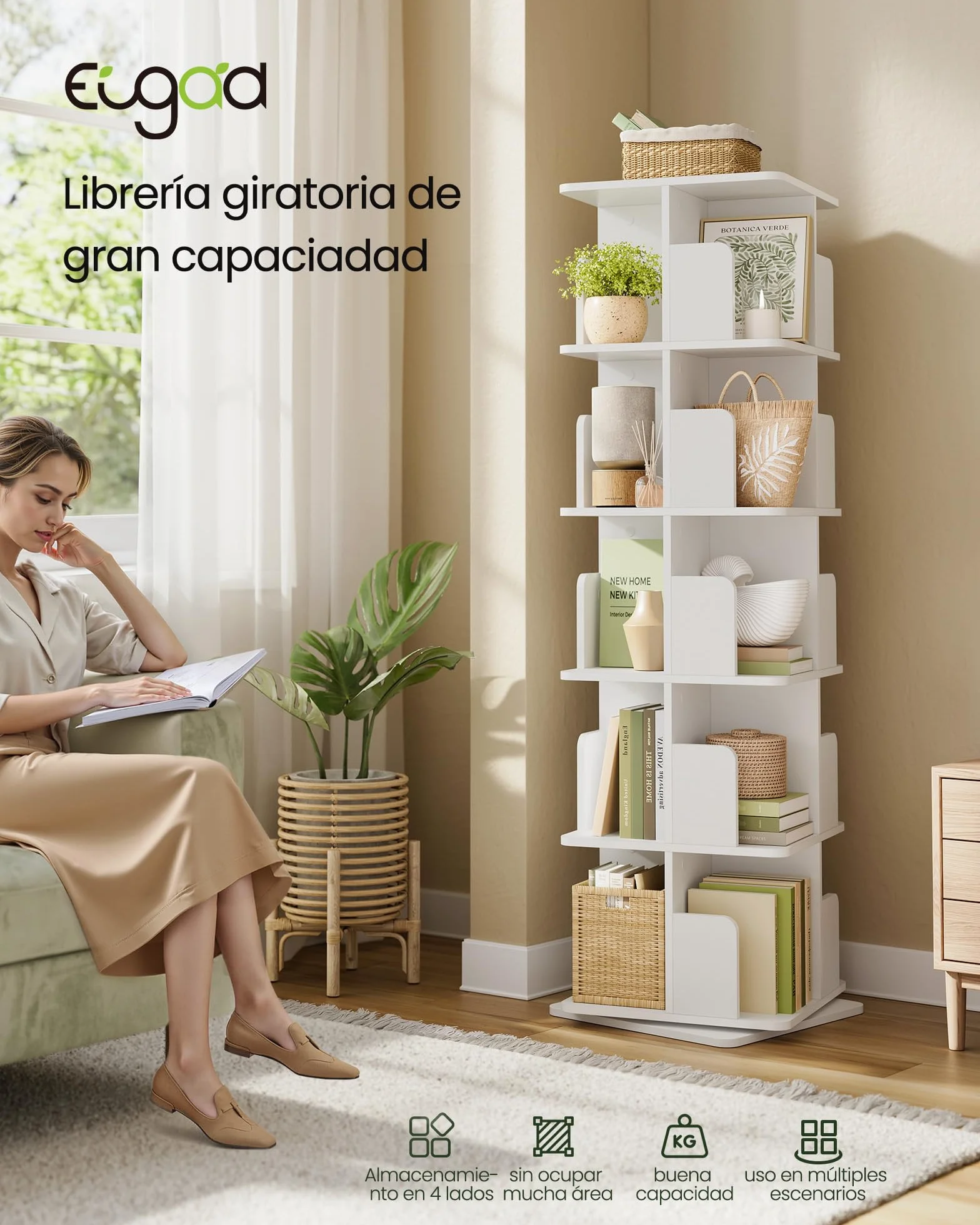 EUGAD Estantería para Libros, Libreria Giratoria 5 Niveles, Estantería Alta de Pie, Libreria Madera de Estudio y Biblioteca, Blanco