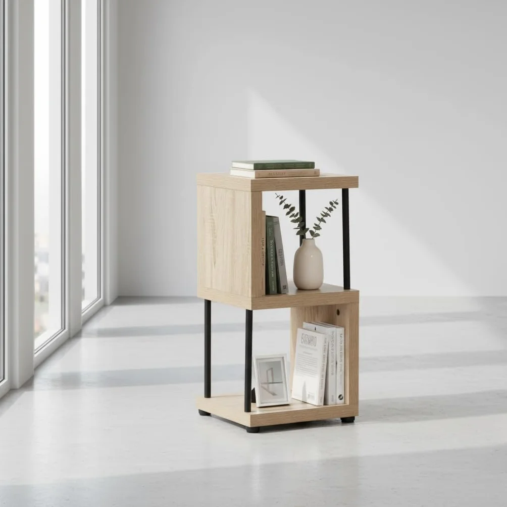Estantería de Madera y Metal 2 Cubos 30x30x60 cm Roble y Negro, Mueble Auxiliar para Dormitorio